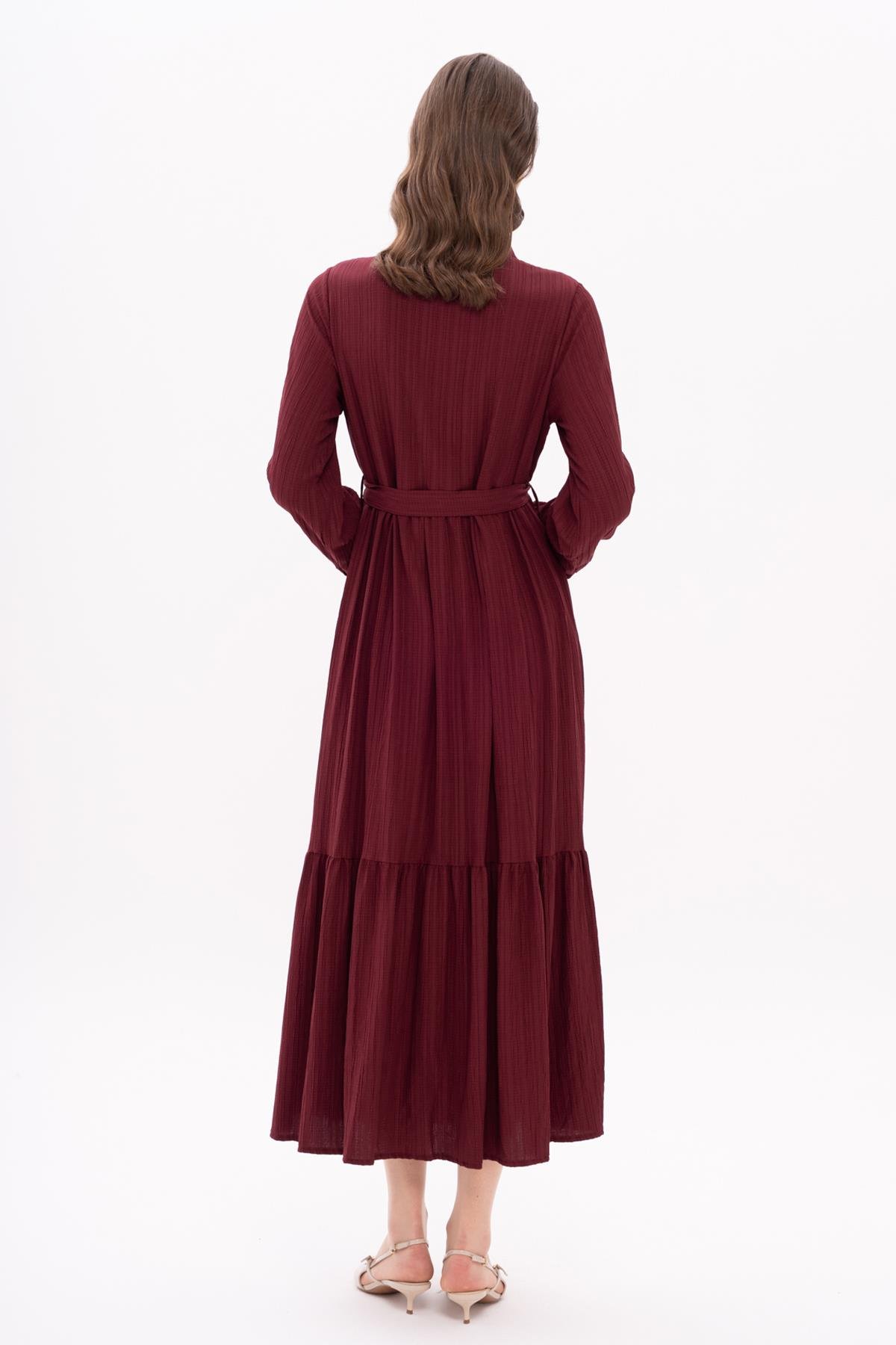 Gömlek Yaka Büzgü Detaylı Elbise BORDO 9325-E