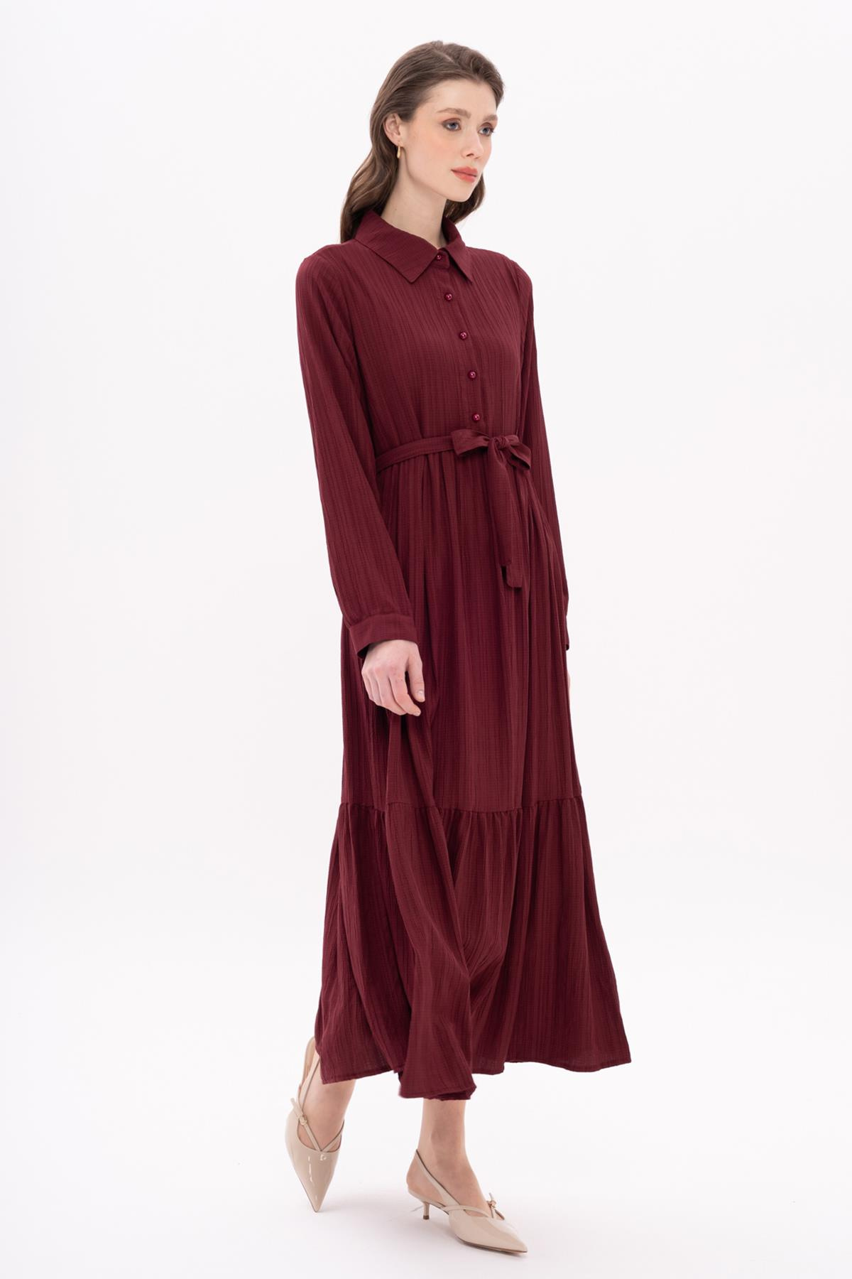Gömlek Yaka Büzgü Detaylı Elbise BORDO 9325-E