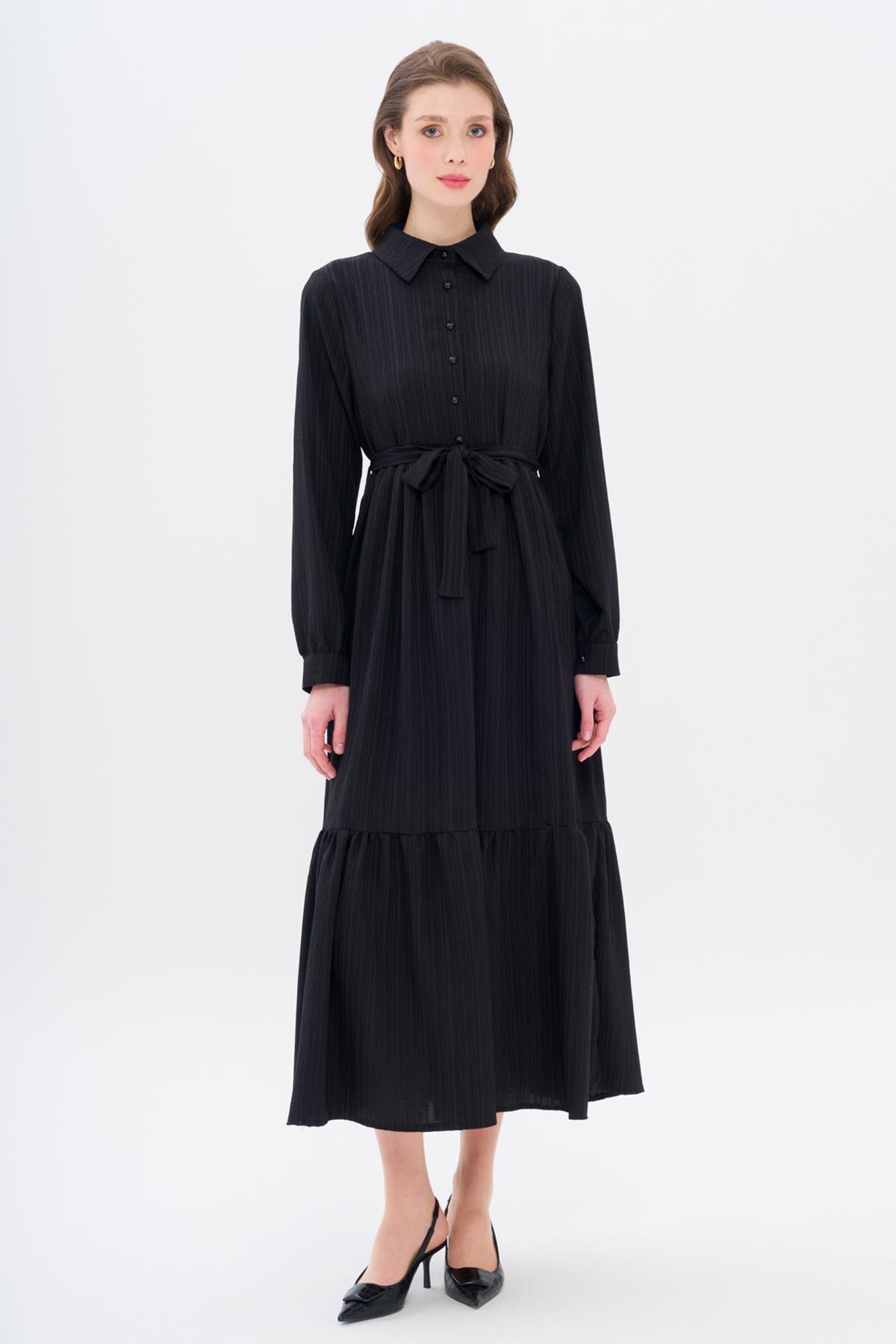 Gömlek Yaka Büzgü Detaylı Elbise SİYAH 9325-E