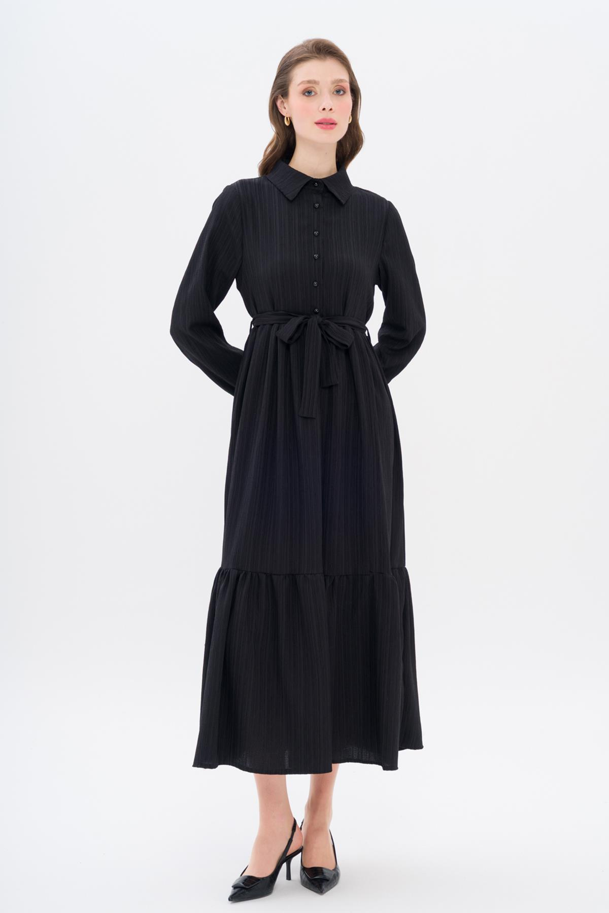 Gömlek Yaka Büzgü Detaylı Elbise SİYAH 9325-E