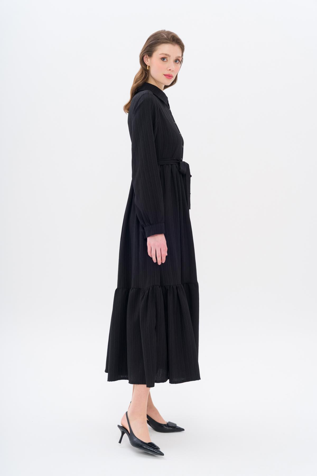 Gömlek Yaka Büzgü Detaylı Elbise SİYAH 9325-E