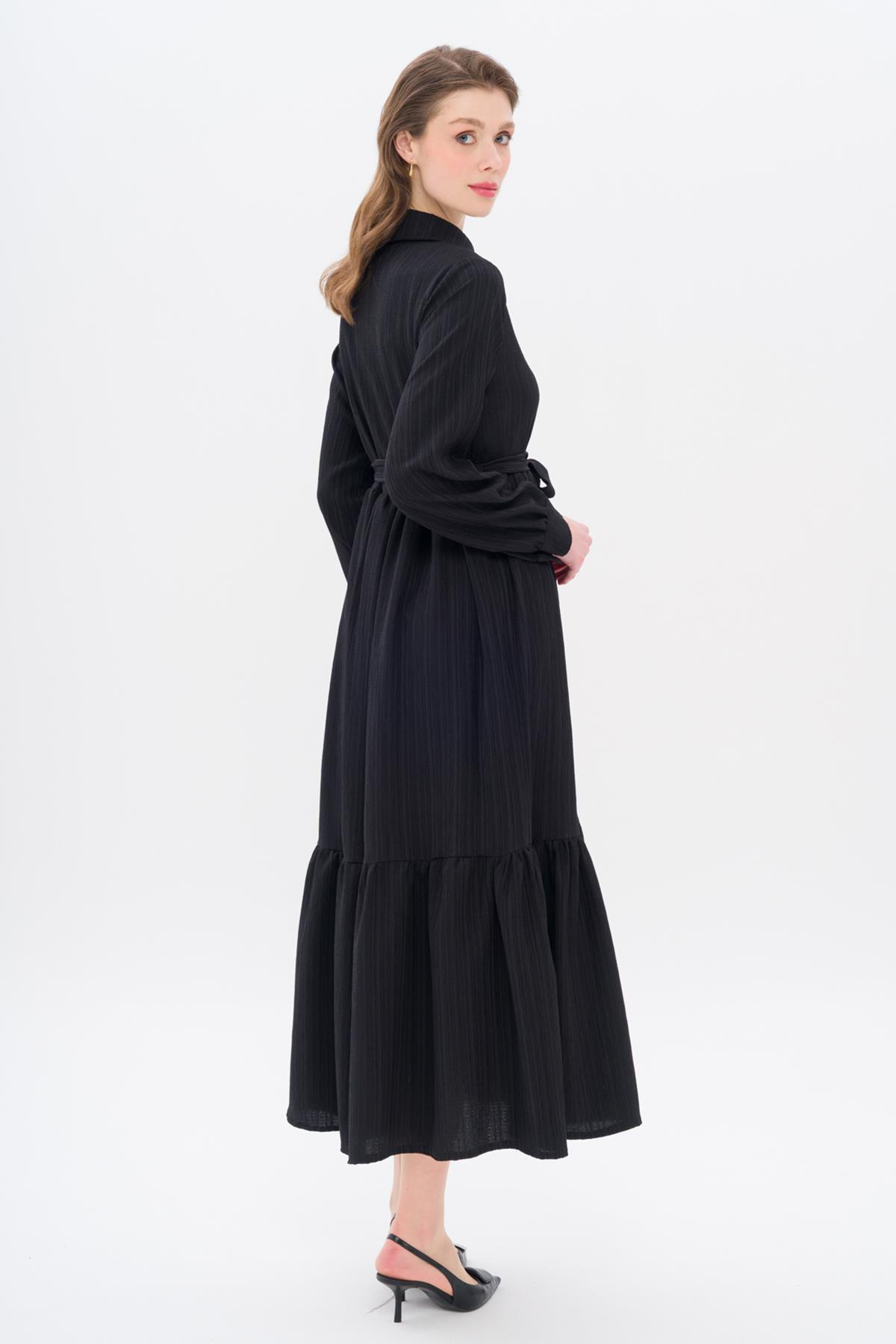 Gömlek Yaka Büzgü Detaylı Elbise SİYAH 9325-E