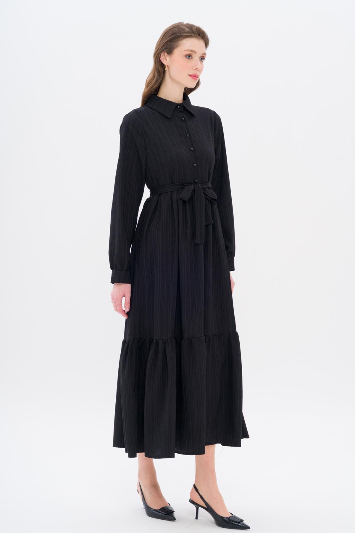 Gömlek Yaka Büzgü Detaylı Elbise SİYAH 9325-E