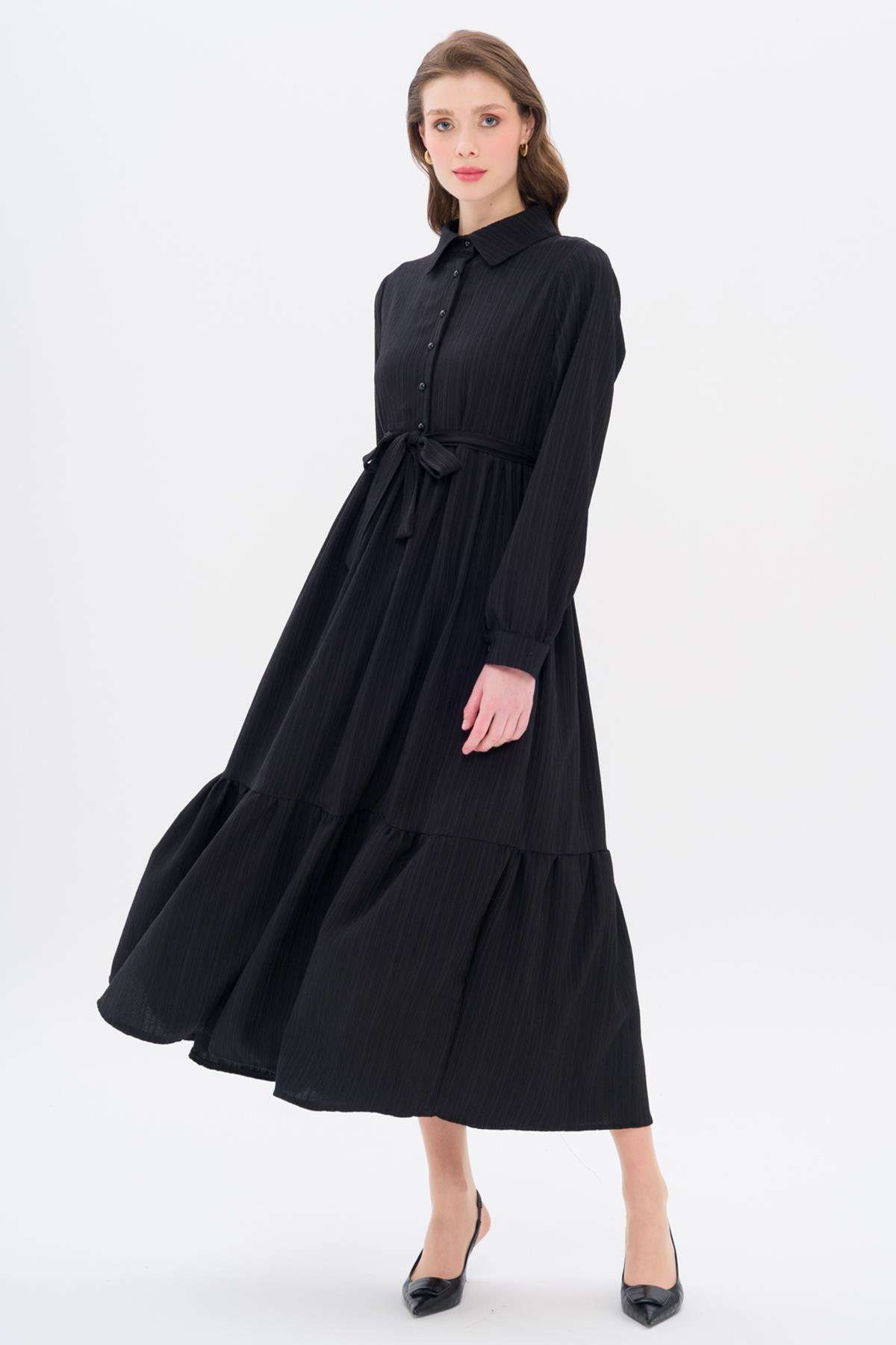 Gömlek Yaka Büzgü Detaylı Elbise SİYAH 9325-E