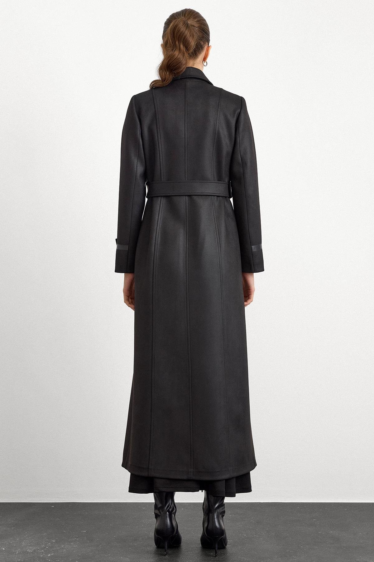 Gömlek Yaka Çıt Çıt ve Deri Detaylı Gabardin Süet Pardesü SİYAH 6799