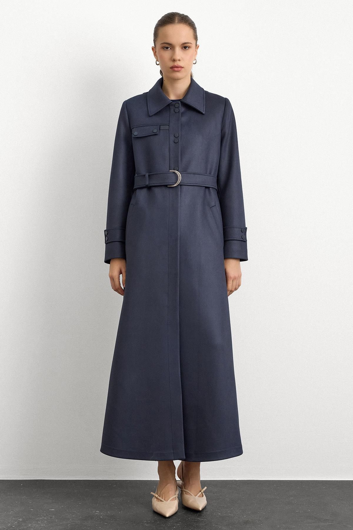 Gömlek Yaka Çıt Çıt ve Deri Detaylı Gabardin Süet Pardesü LACİVERT 6799