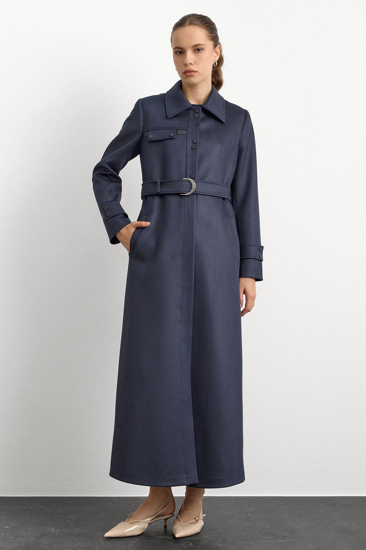 Gömlek Yaka Çıt Çıt ve Deri Detaylı Gabardin Süet Pardesü LACİVERT 6799