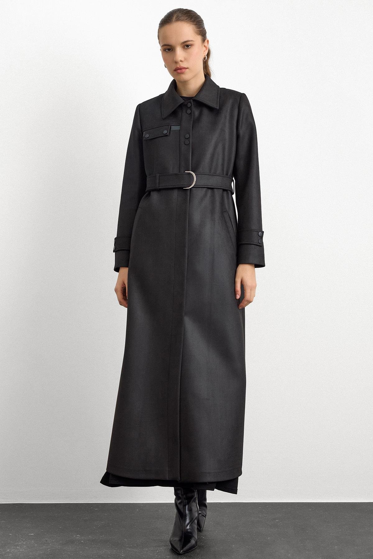 Gömlek Yaka Çıt Çıt ve Deri Detaylı Gabardin Süet Pardesü SİYAH 6799