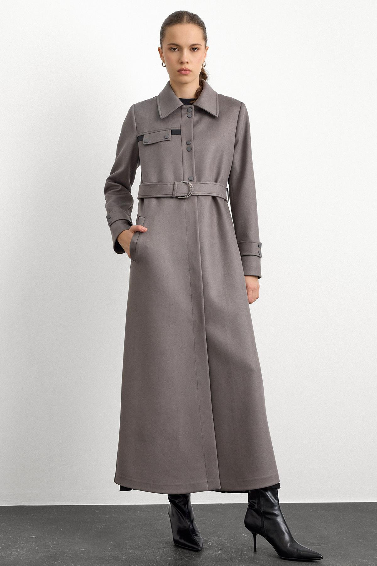 Gömlek Yaka Çıt Çıt ve Deri Detaylı Gabardin Süet Pardesü GRİ 6799