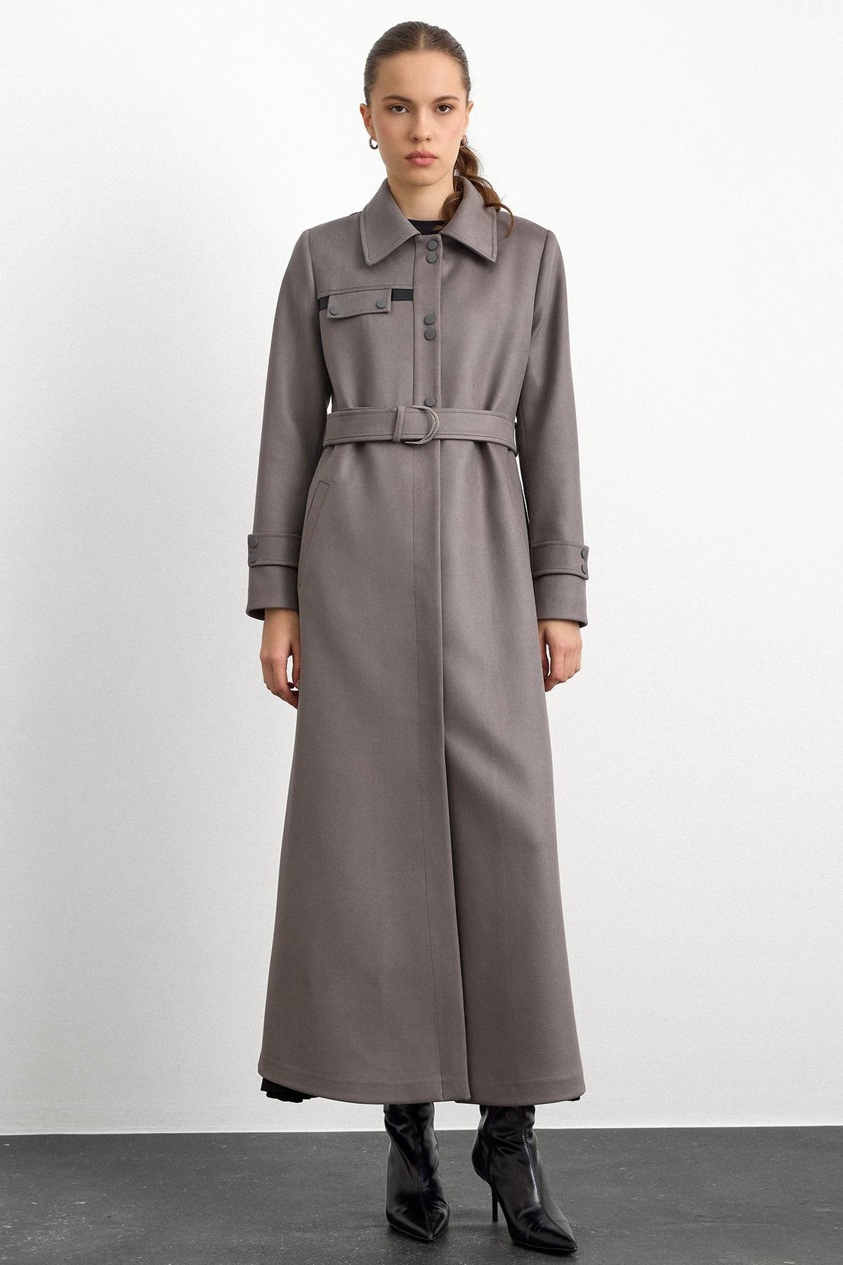 Gömlek Yaka Çıt Çıt ve Deri Detaylı Gabardin Süet Pardesü GRİ 6799