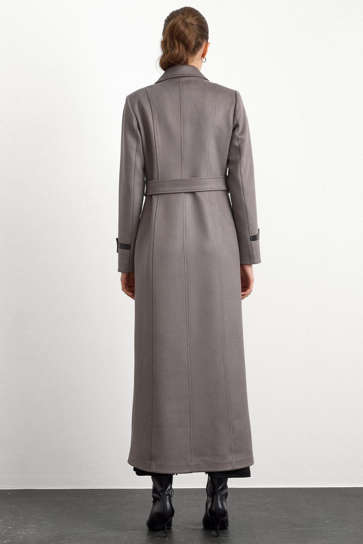 Gömlek Yaka Çıt Çıt ve Deri Detaylı Gabardin Süet Pardesü GRİ 6799