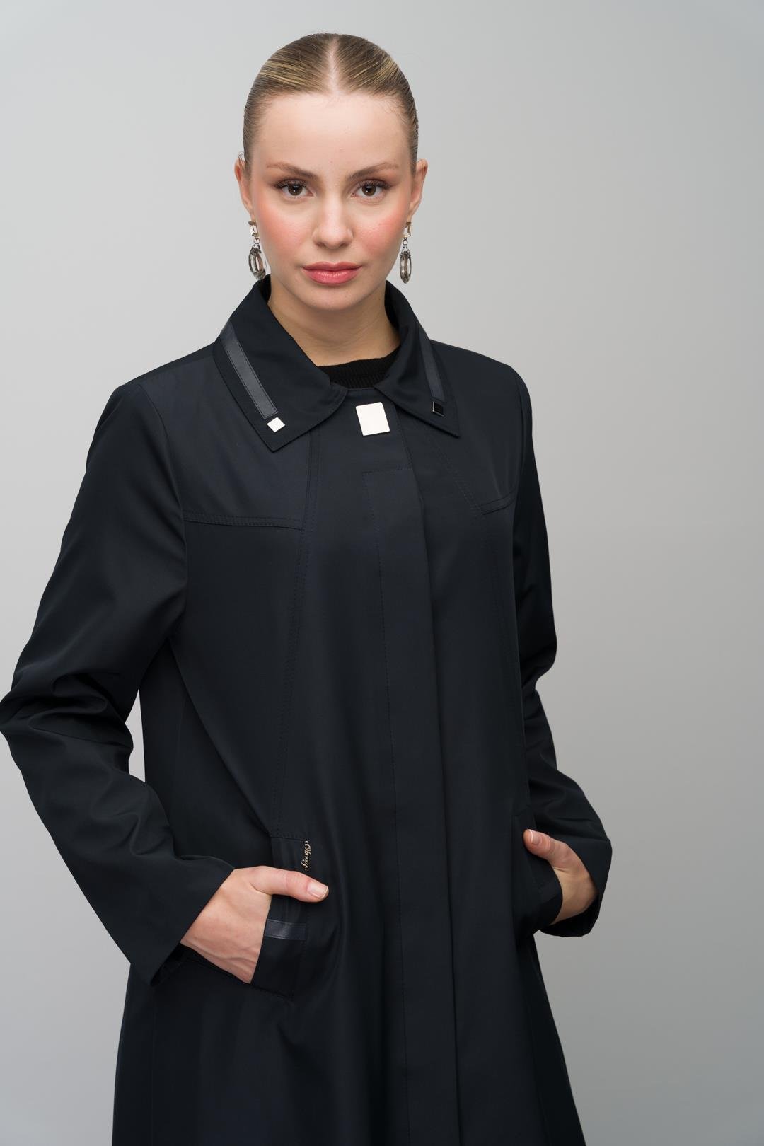 Gömlek Yaka Deri ve Metal Aksesuarlı Büyük Beden Astarlı Trenç Pardesü LACİVERT 4299