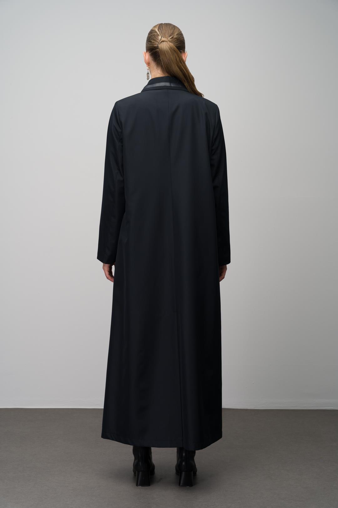 Gömlek Yaka Deri ve Metal Aksesuarlı Büyük Beden Astarlı Trenç Pardesü LACİVERT 4299