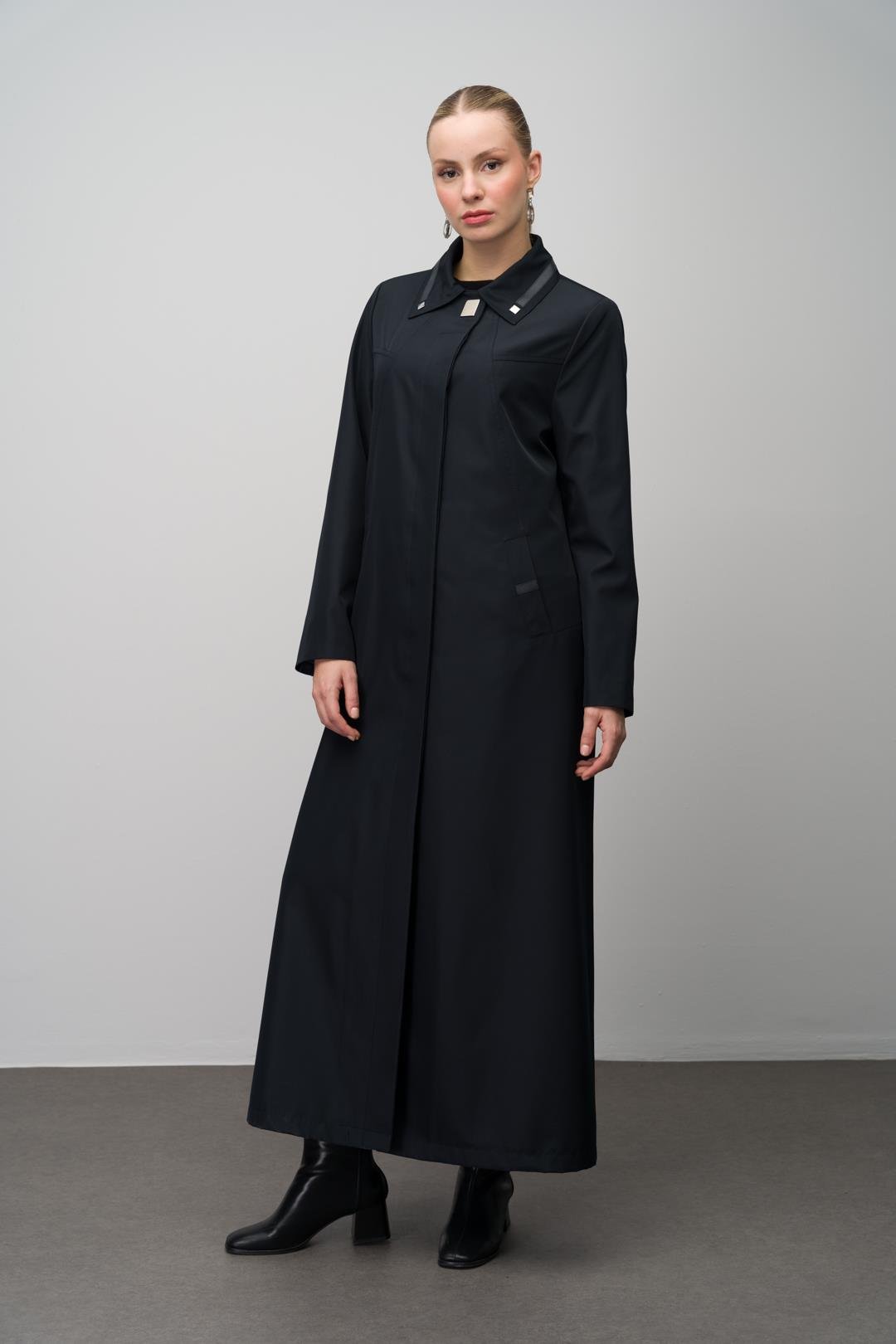 Gömlek Yaka Deri ve Metal Aksesuarlı Büyük Beden Astarlı Trenç Pardesü LACİVERT 4299