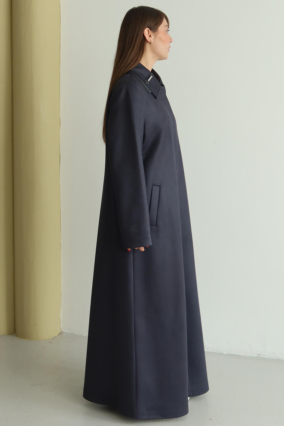 Gömlek Yaka Deri ve Taş Aksesuarlı Büyük Beden Gabardin Süet Pardesü LACİVERT 6796