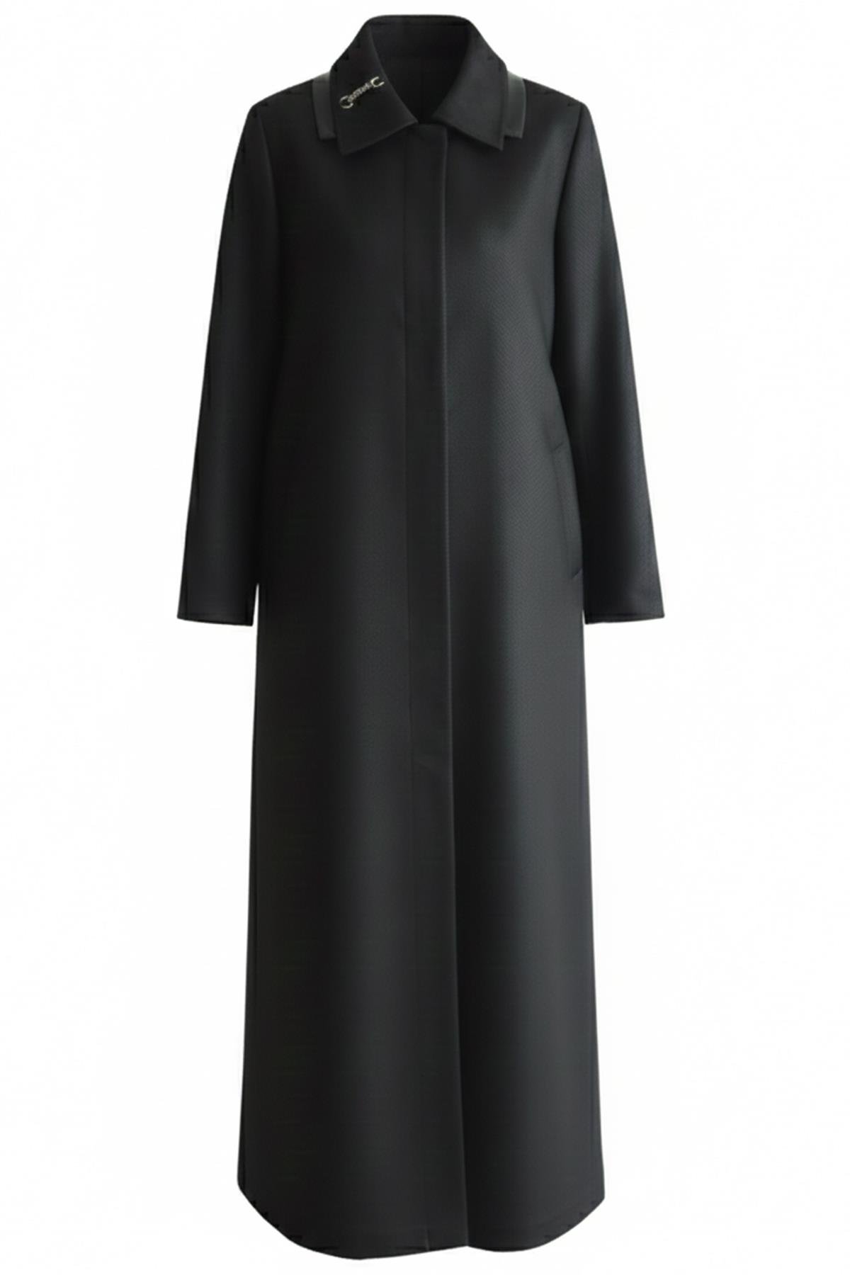 Gömlek Yaka Deri ve Taş Aksesuarlı Büyük Beden Gabardin Süet Pardesü SİYAH 6796