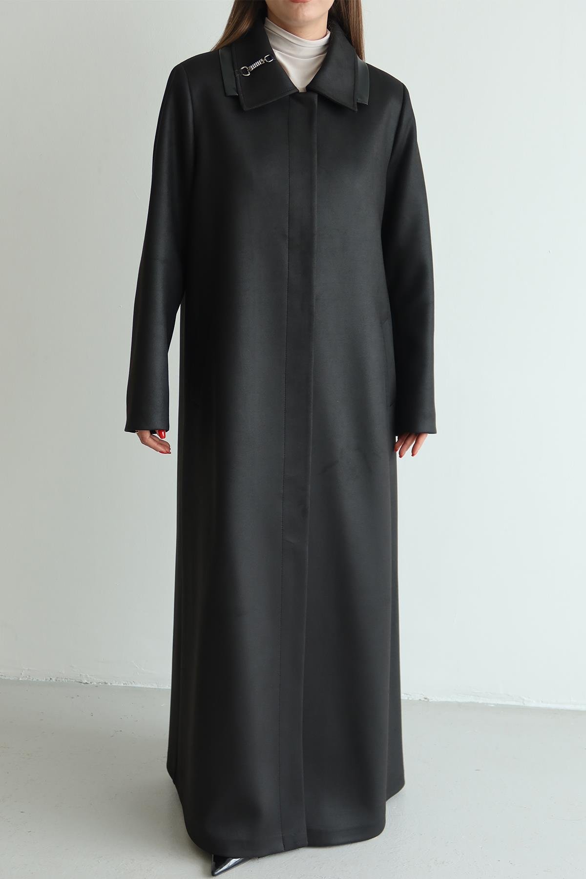 Gömlek Yaka Deri ve Taş Aksesuarlı Büyük Beden Gabardin Süet Pardesü SİYAH 6796