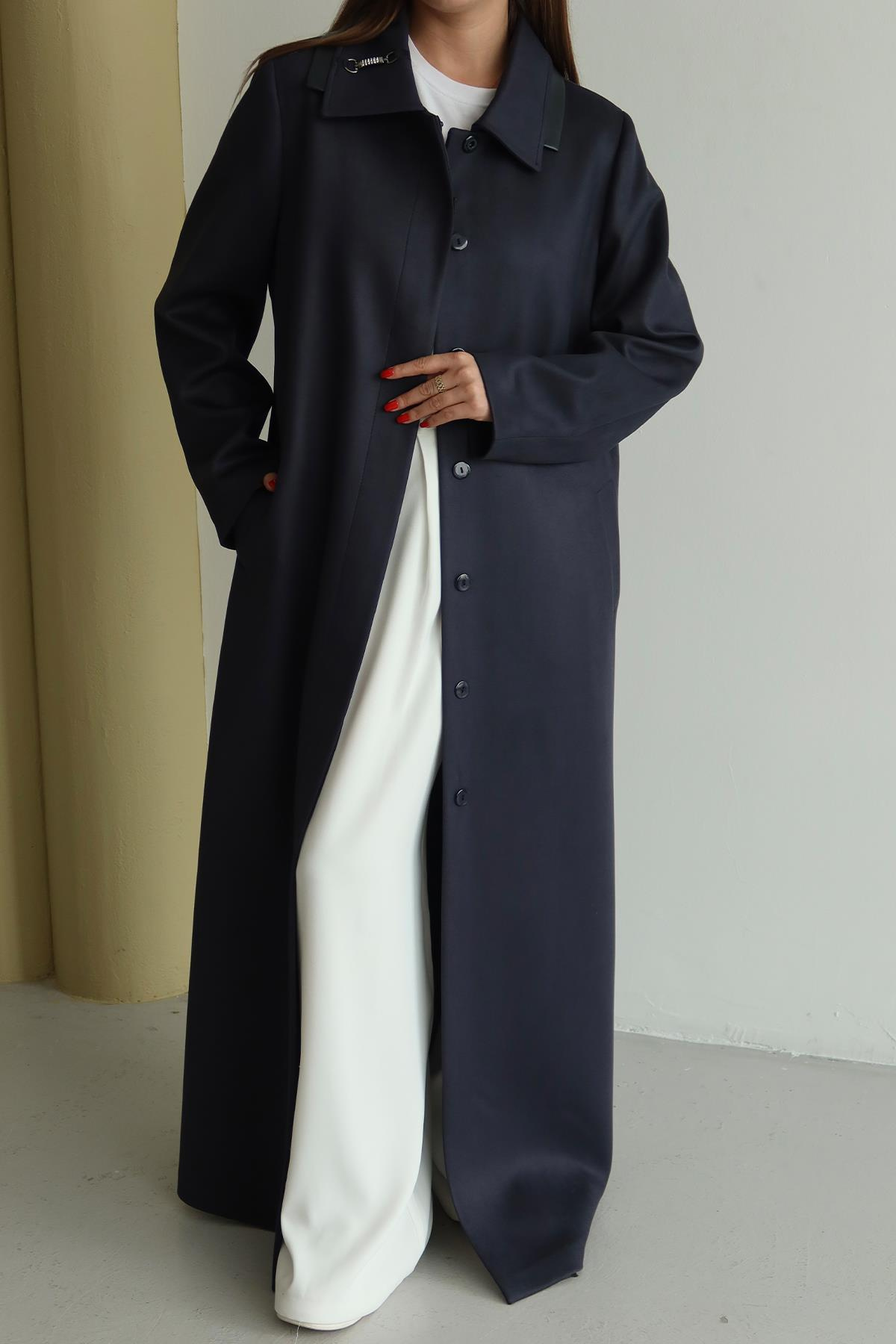 Gömlek Yaka Deri ve Taş Aksesuarlı Büyük Beden Gabardin Süet Pardesü LACİVERT 6796