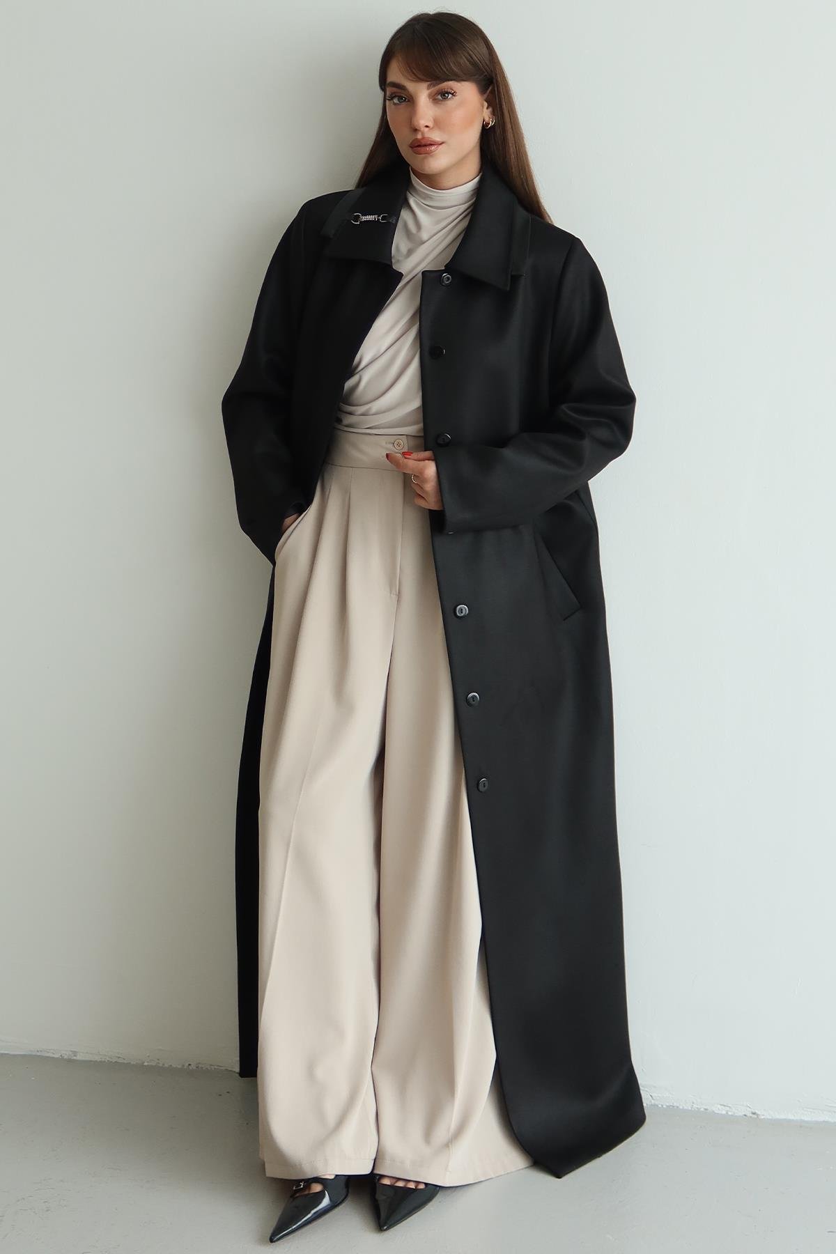 Gömlek Yaka Deri ve Taş Aksesuarlı Büyük Beden Gabardin Süet Pardesü SİYAH 6796