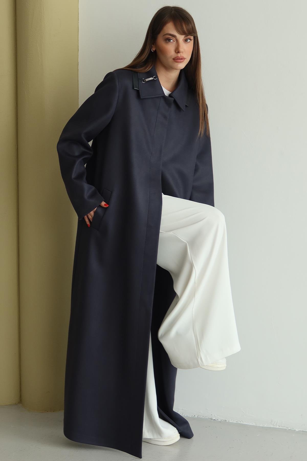 Gömlek Yaka Deri ve Taş Aksesuarlı Büyük Beden Gabardin Süet Pardesü LACİVERT 6796