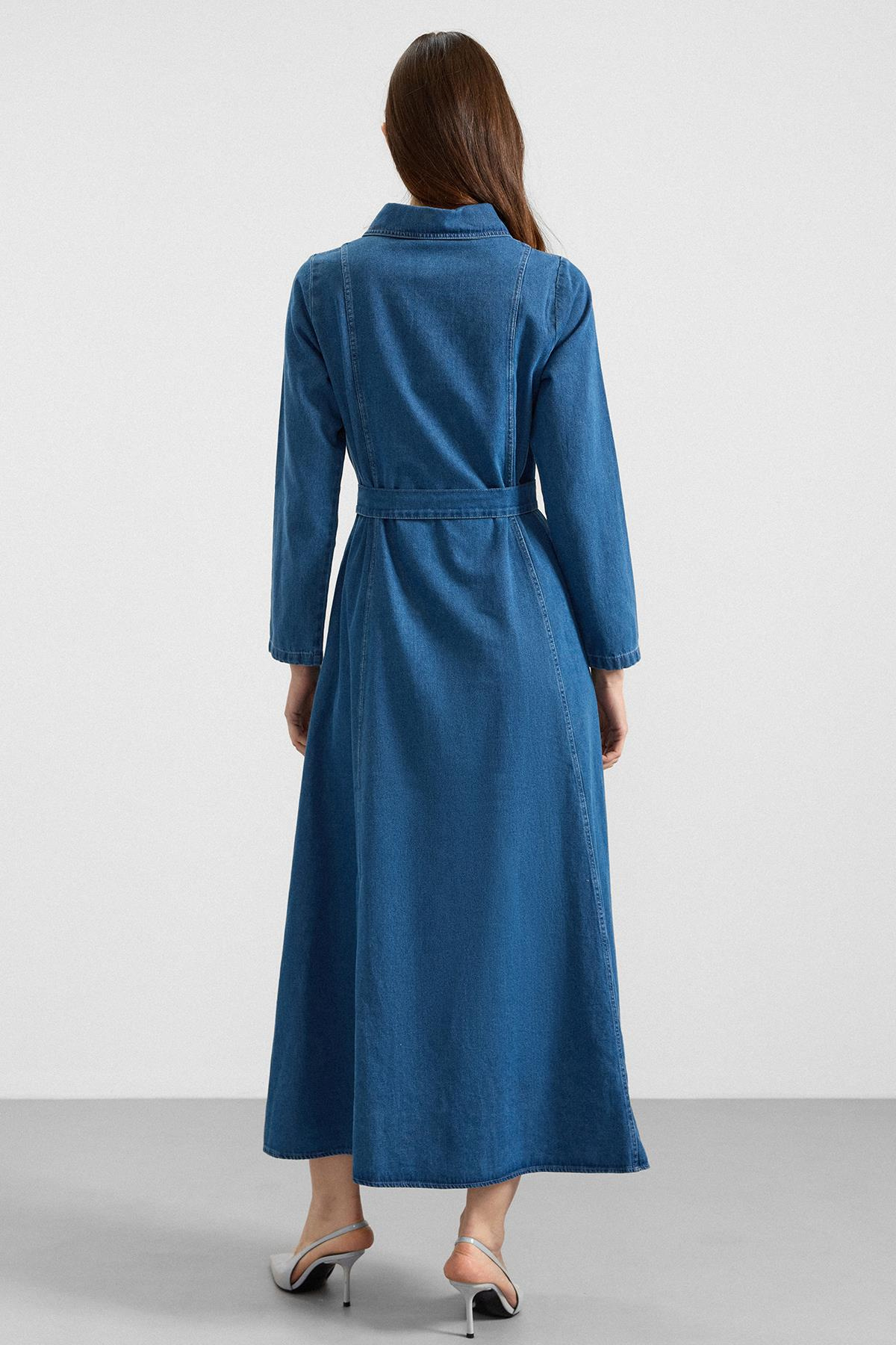 Gömlek Yaka Fermuar Detaylı Kloş Denim Elbise MAVİ 9389-E