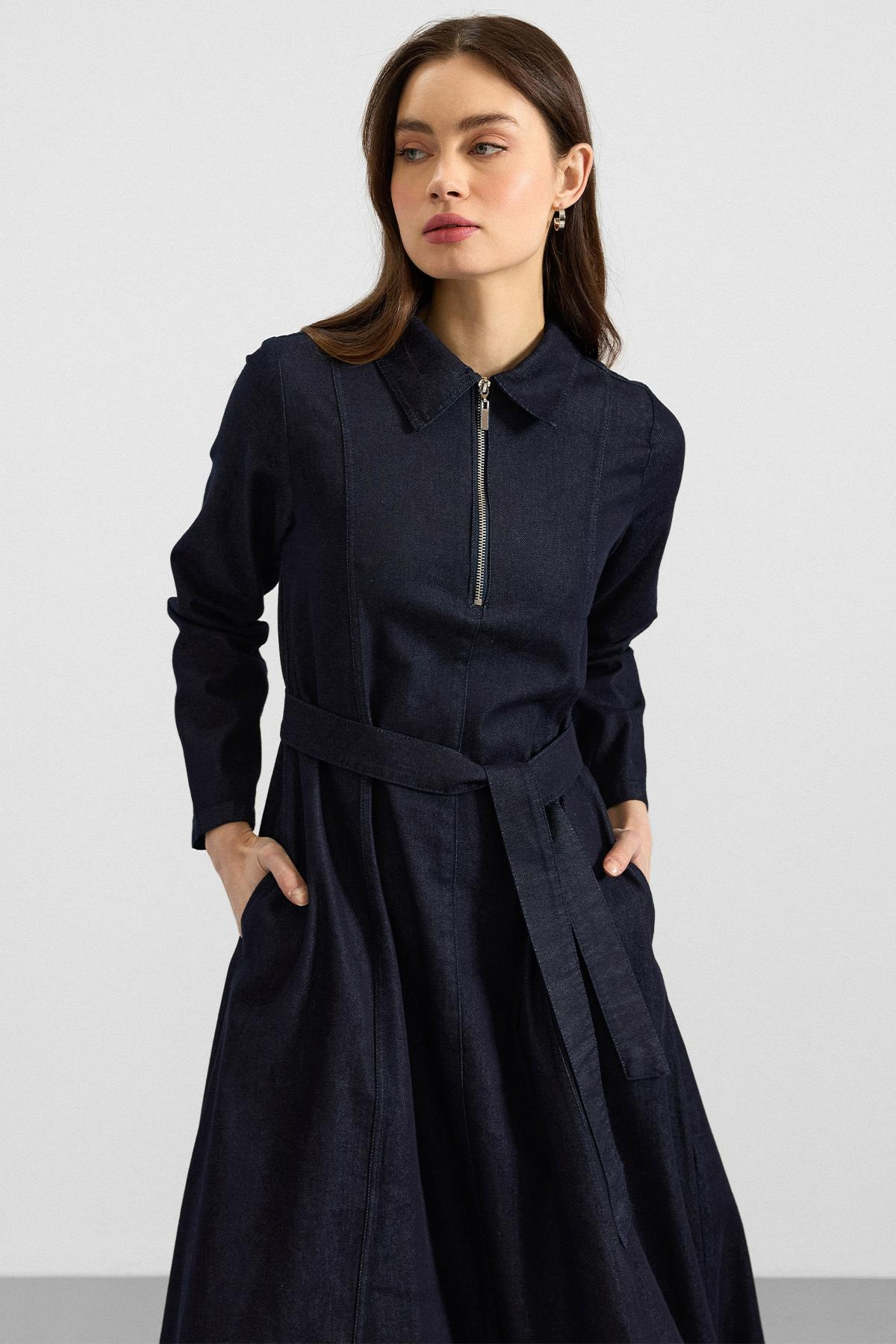 Gömlek Yaka Fermuar Detaylı Kloş Denim Elbise LACİVERT 9389-E