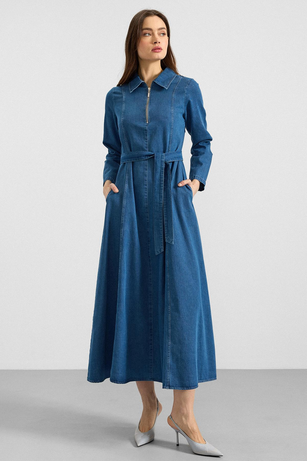 Gömlek Yaka Fermuar Detaylı Kloş Denim Elbise MAVİ 9389-E