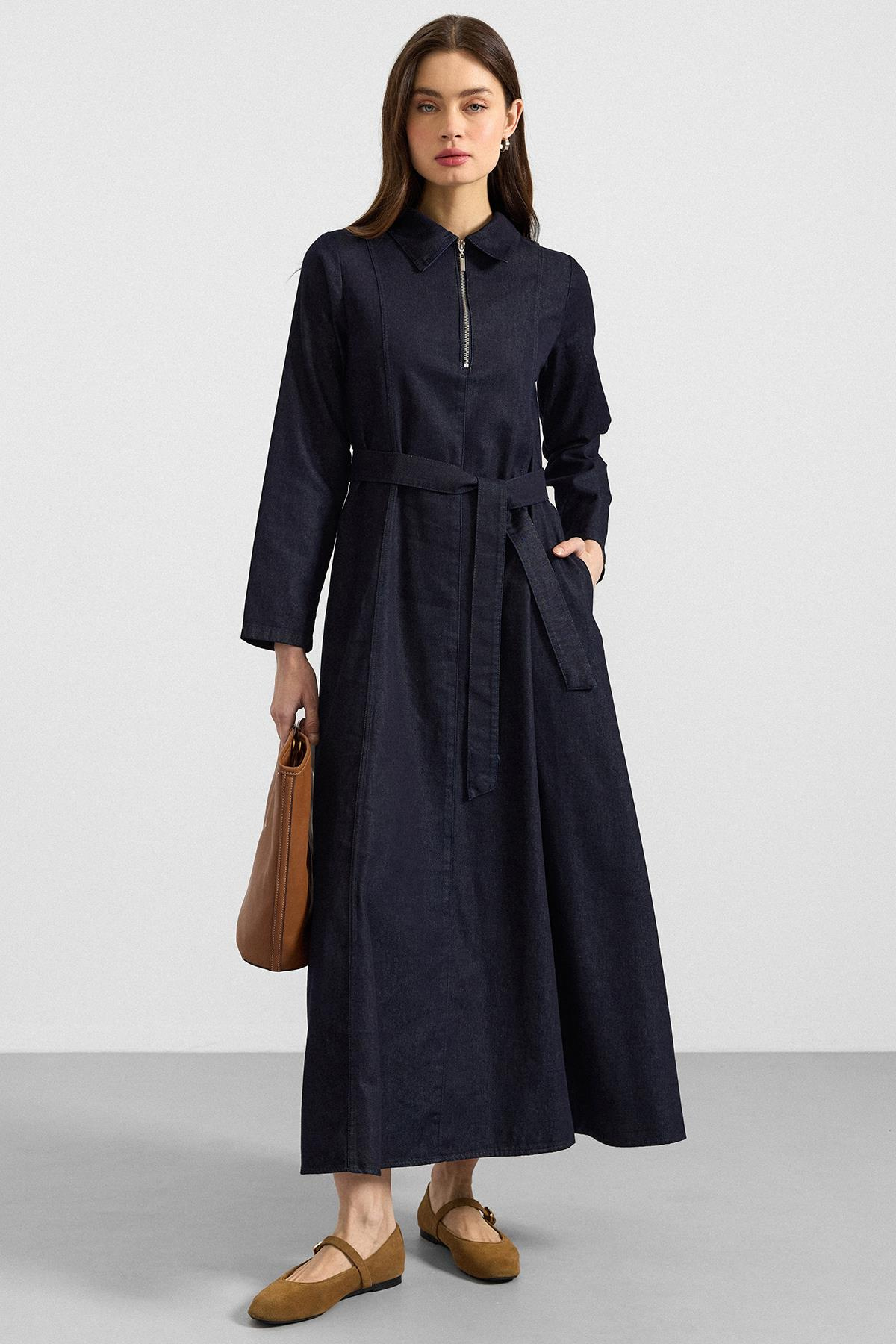 Gömlek Yaka Fermuar Detaylı Kloş Denim Elbise LACİVERT 9389-E