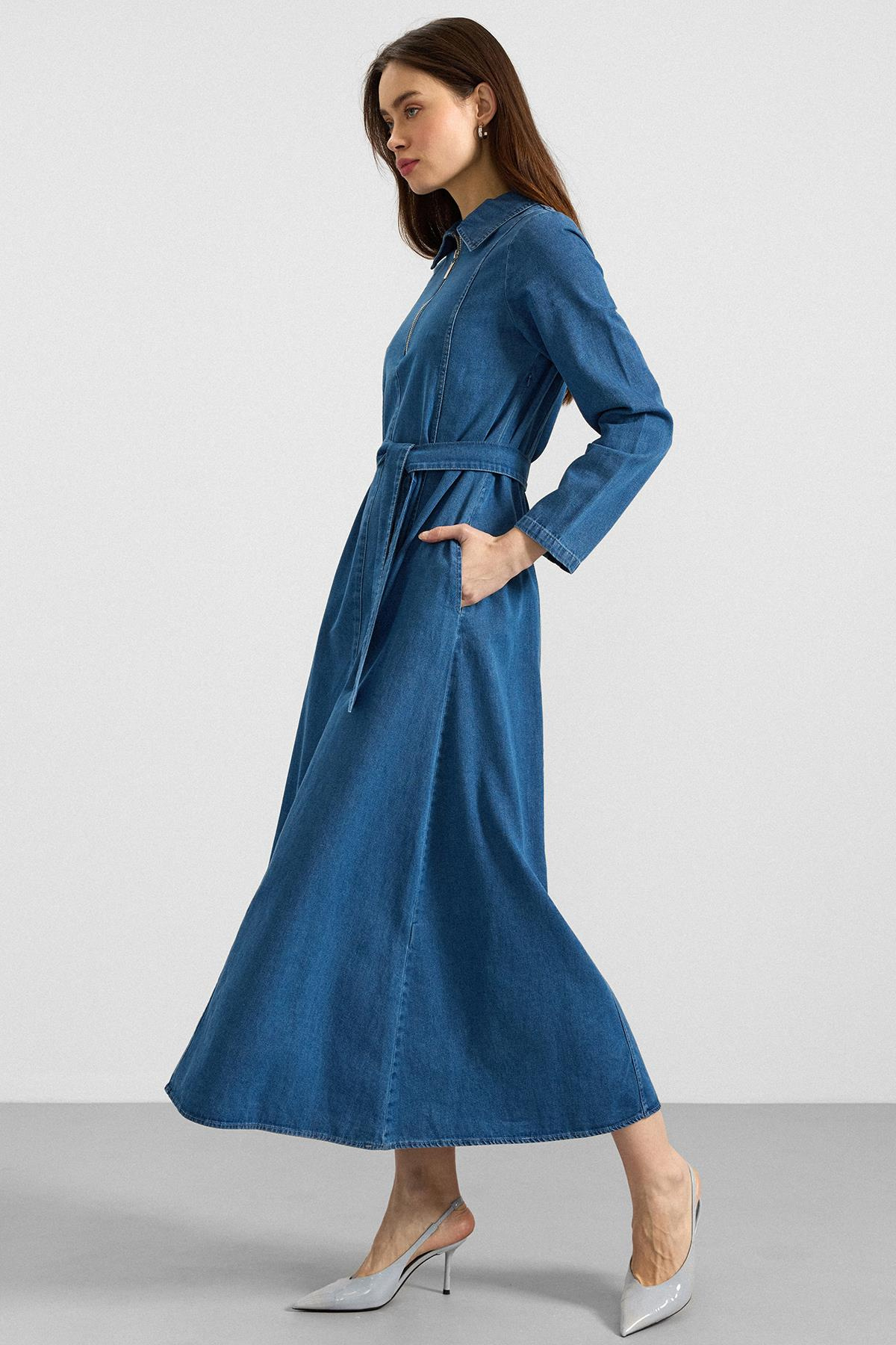 Gömlek Yaka Fermuar Detaylı Kloş Denim Elbise MAVİ 9389-E