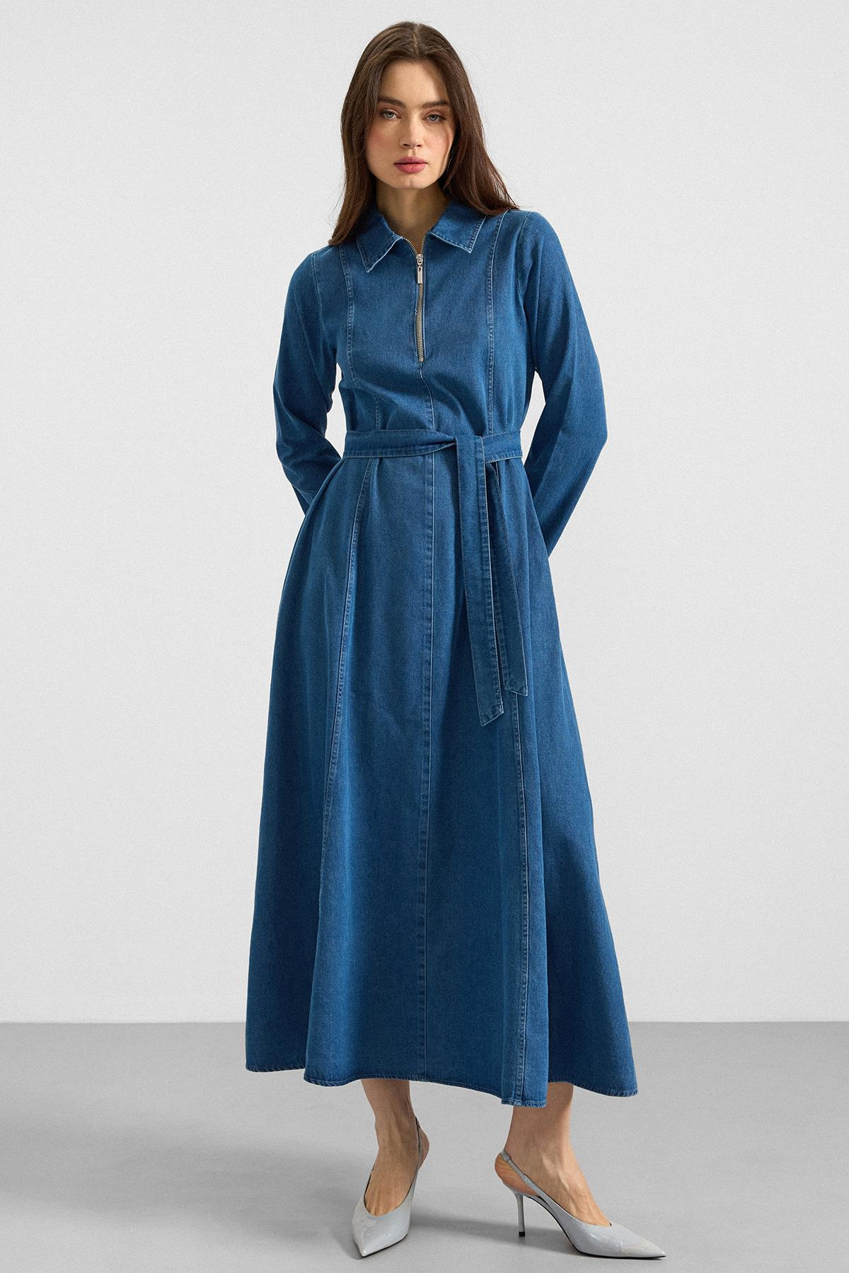 Gömlek Yaka Fermuar Detaylı Kloş Denim Elbise MAVİ 9389-E