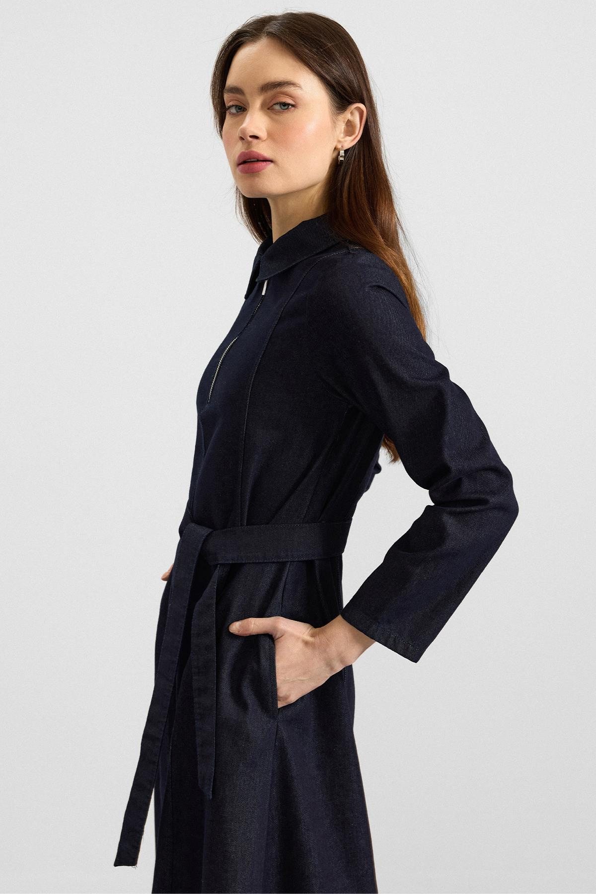 Gömlek Yaka Fermuar Detaylı Kloş Denim Elbise LACİVERT 9389-E