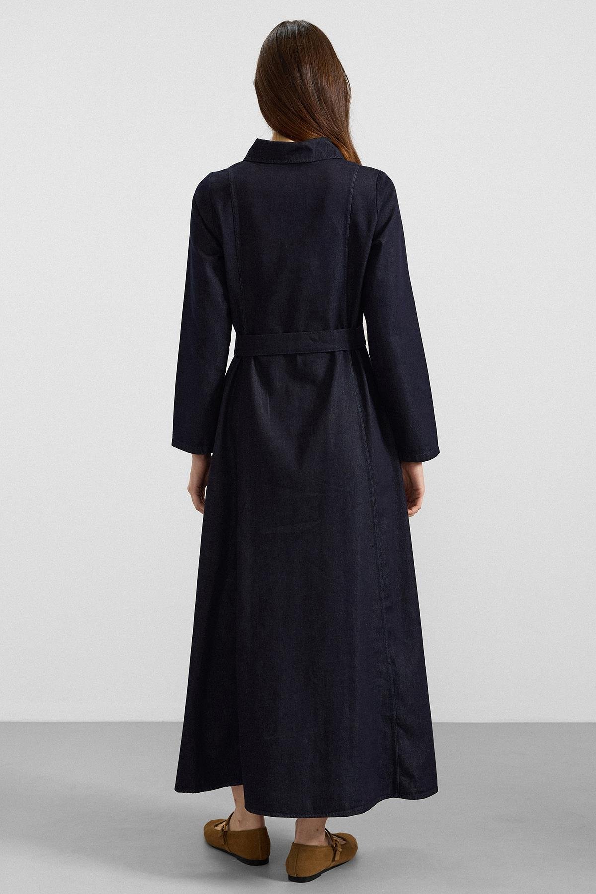 Gömlek Yaka Fermuar Detaylı Kloş Denim Elbise LACİVERT 9389-E