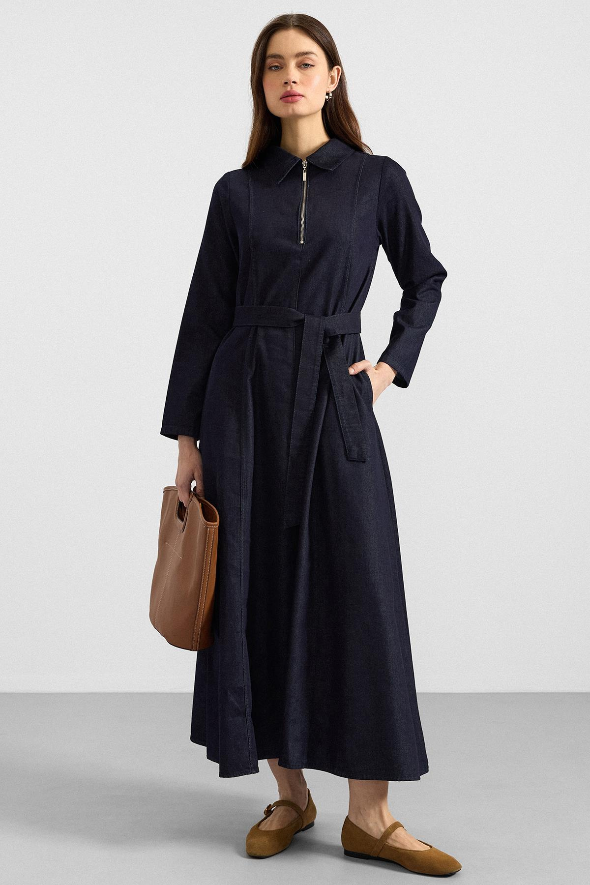 Gömlek Yaka Fermuar Detaylı Kloş Denim Elbise LACİVERT 9389-E