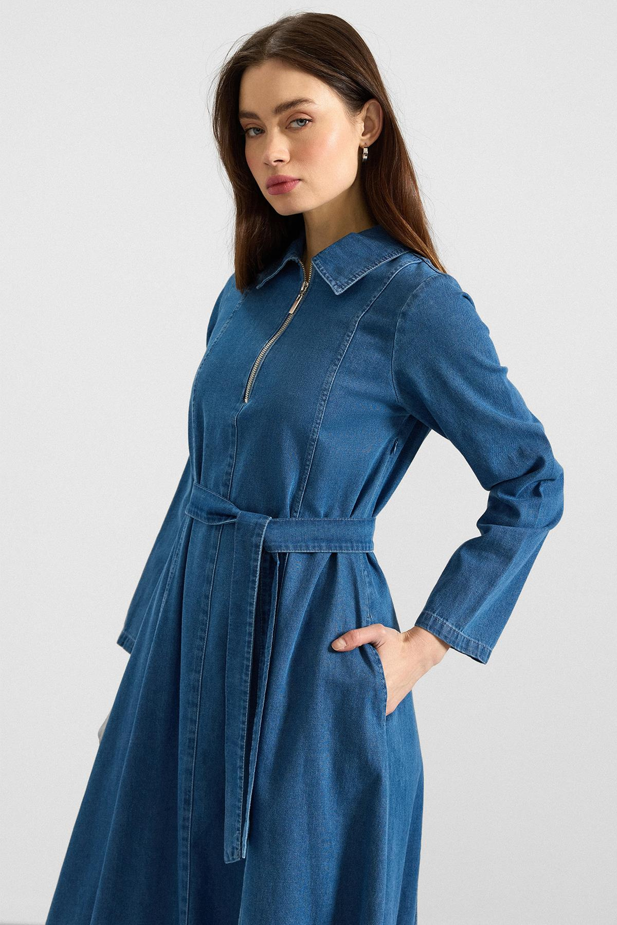 Gömlek Yaka Fermuar Detaylı Kloş Denim Elbise MAVİ 9389-E