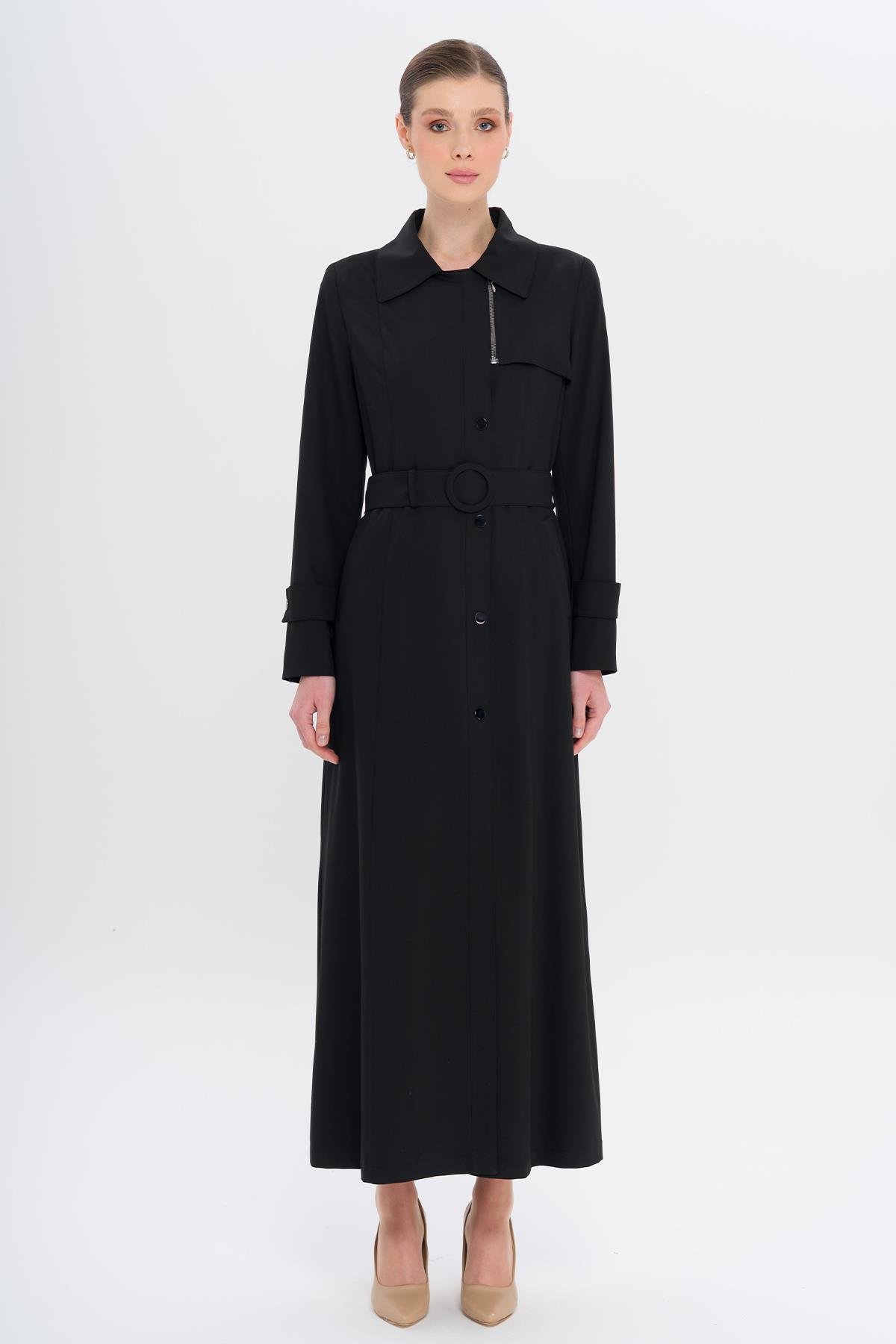 معطف مبطن بياقة قميص وسحاب وكبس للإغلاق أسود 6727