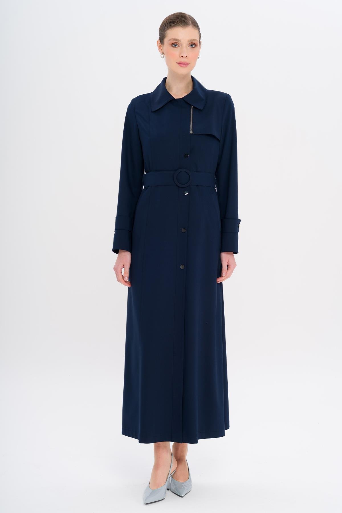 Shirt Collar Zipper and Snap Closure Lined Coat NAVY 6727