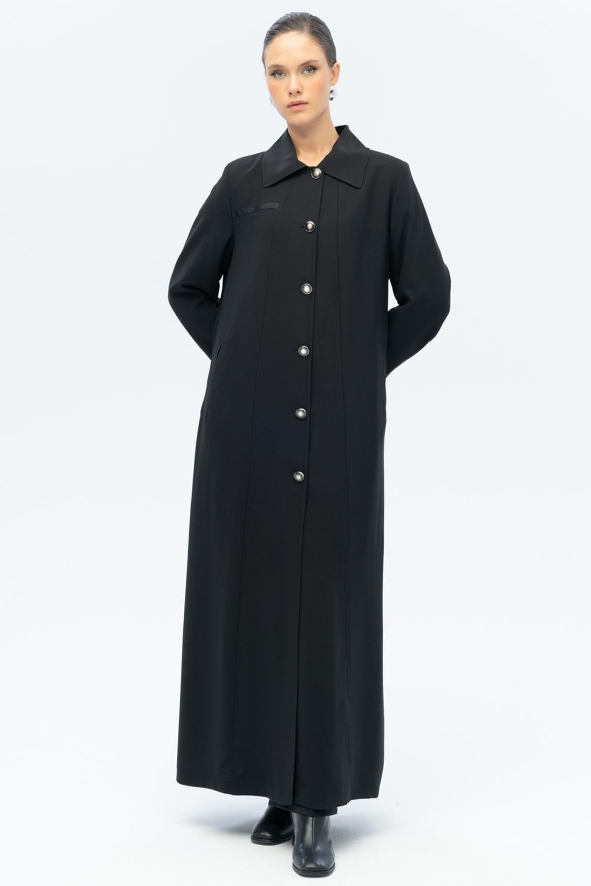 Gömlek Yaka Grogren Detaylı Astarlı Büyük Beden Pardesü SİYAH 6690-A