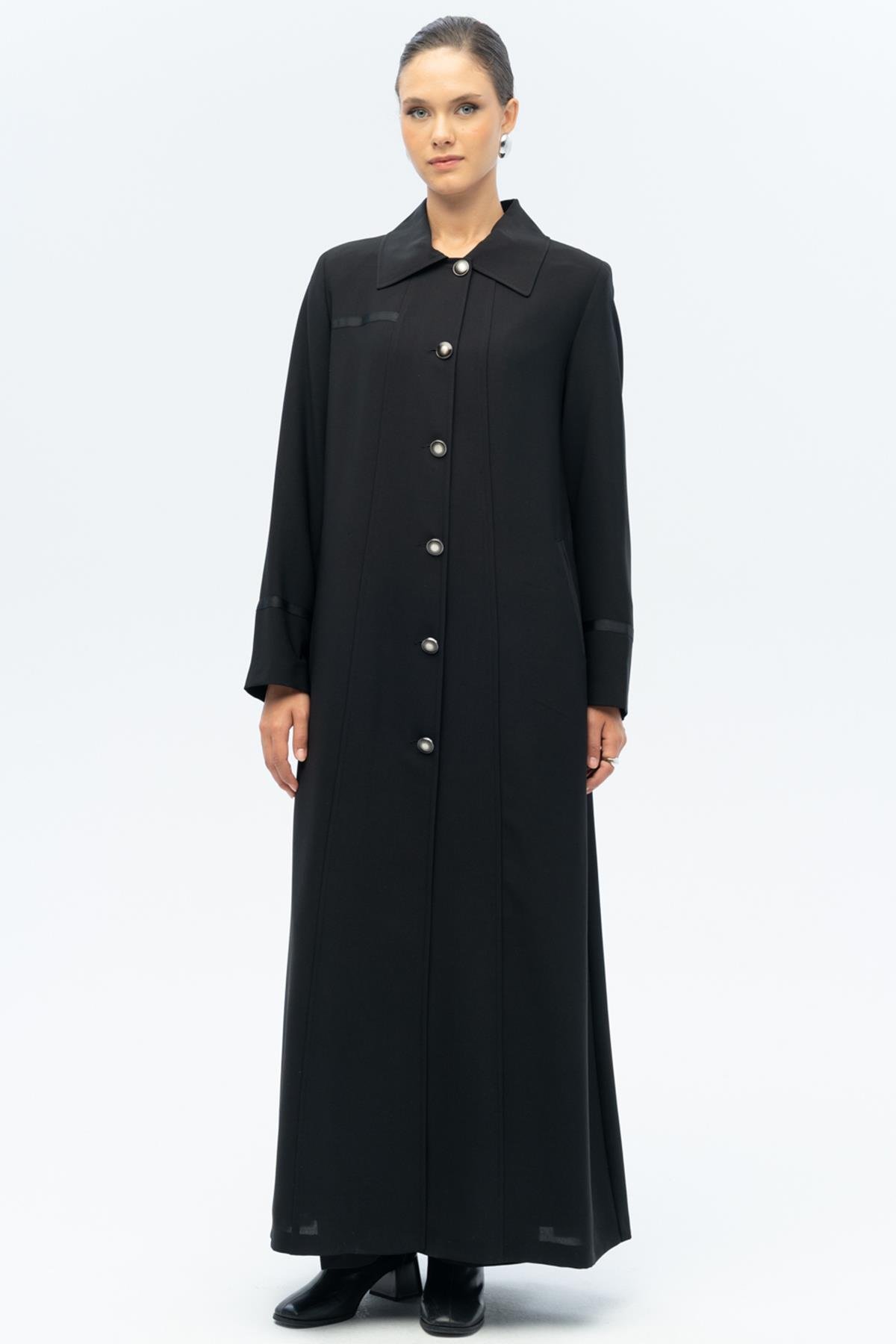 Gömlek Yaka Grogren Detaylı Astarlı Büyük Beden Pardesü SİYAH 6690-A