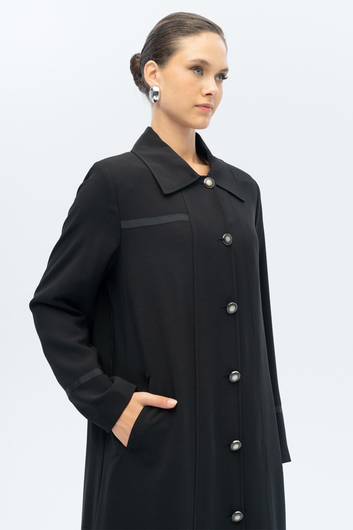 Gömlek Yaka Grogren Detaylı Astarlı Büyük Beden Pardesü SİYAH 6690-A