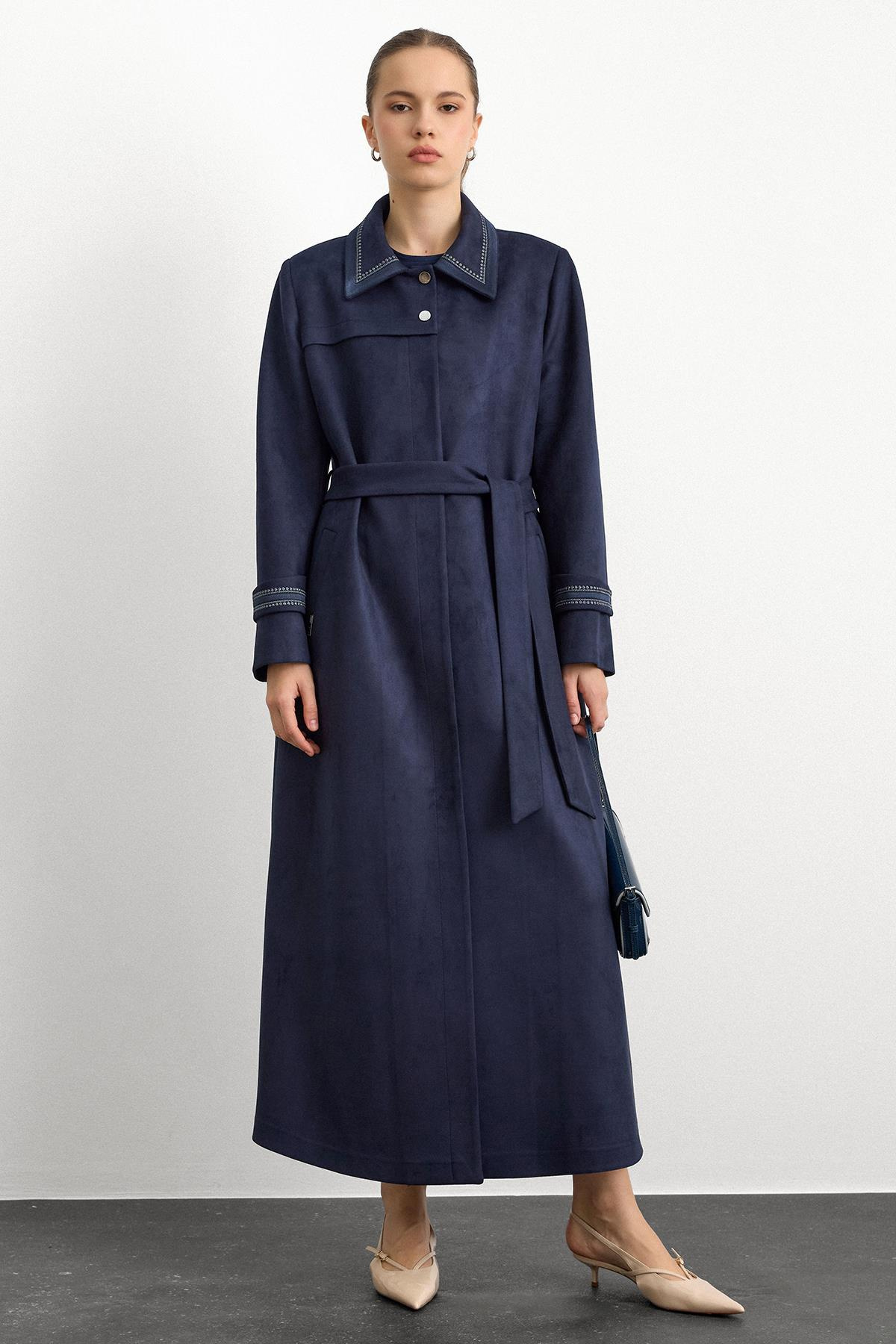 Gömlek Yaka İşleme Detaylı Süet Görünümlü Büyük Beden Pardesü LACİVERT 6785