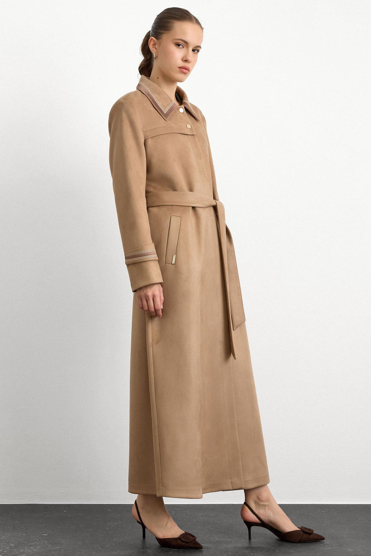 Gömlek Yaka İşleme Detaylı Süet Görünümlü Büyük Beden Pardesü A.KAMEL 6785