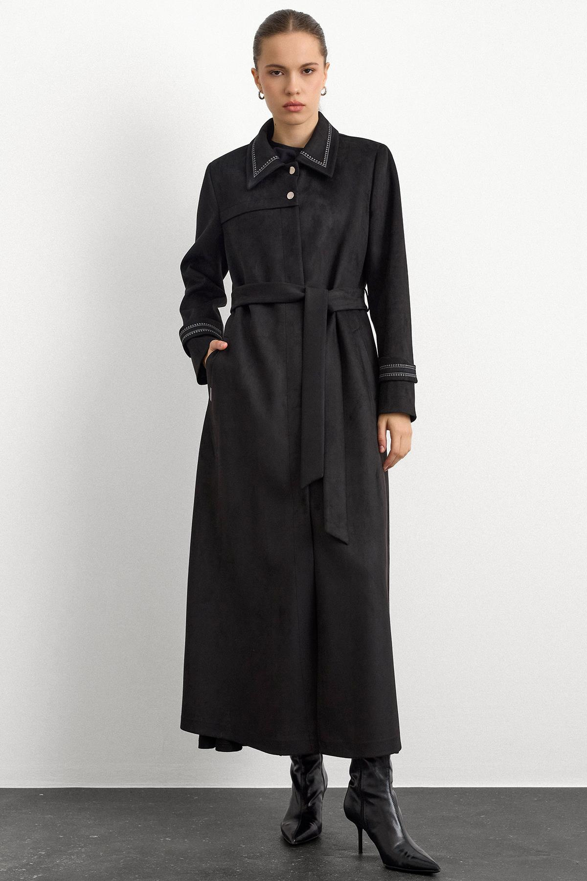 Gömlek Yaka İşleme Detaylı Süet Görünümlü Büyük Beden Pardesü SİYAH 6785