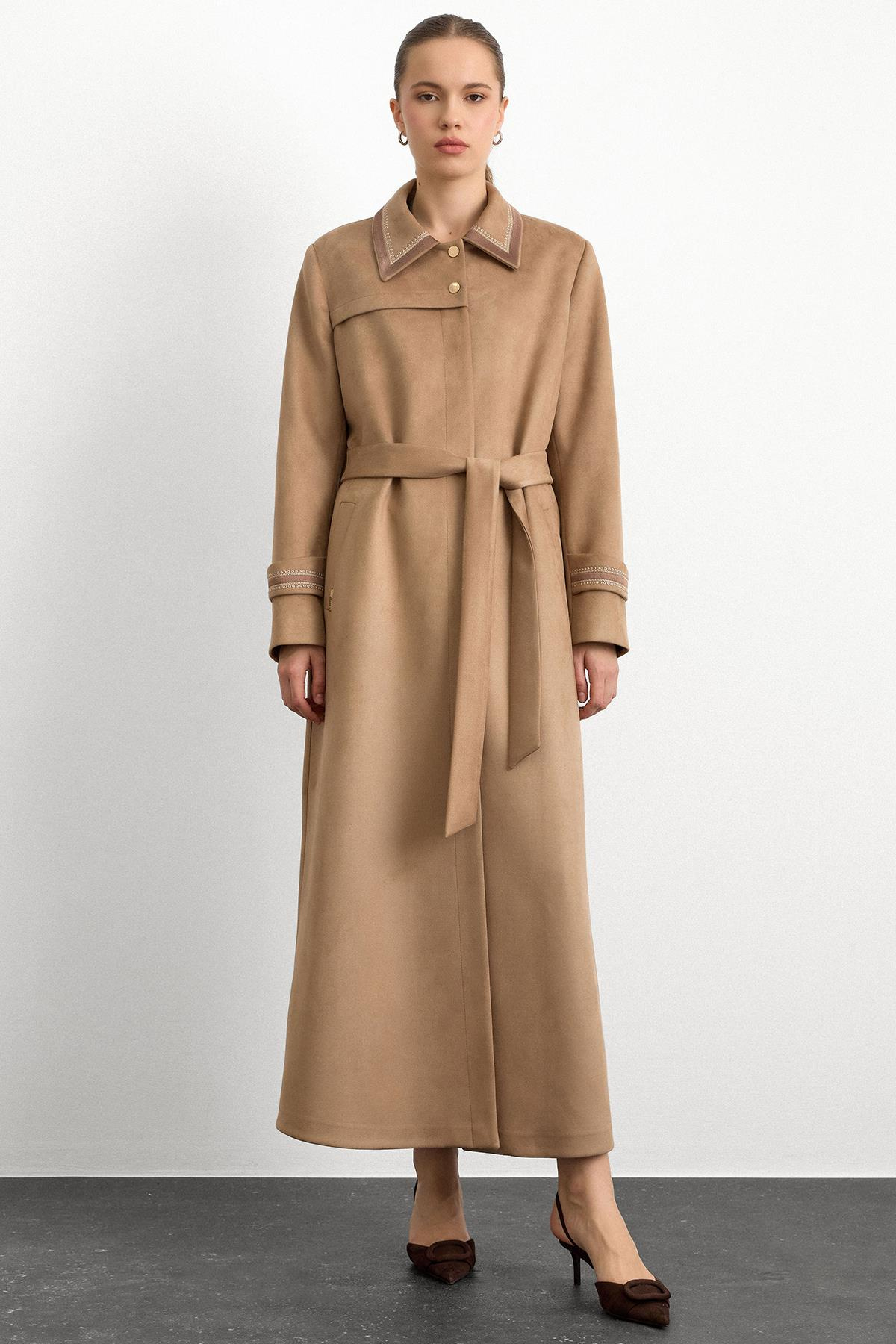 Gömlek Yaka İşleme Detaylı Süet Görünümlü Büyük Beden Pardesü A.KAMEL 6785