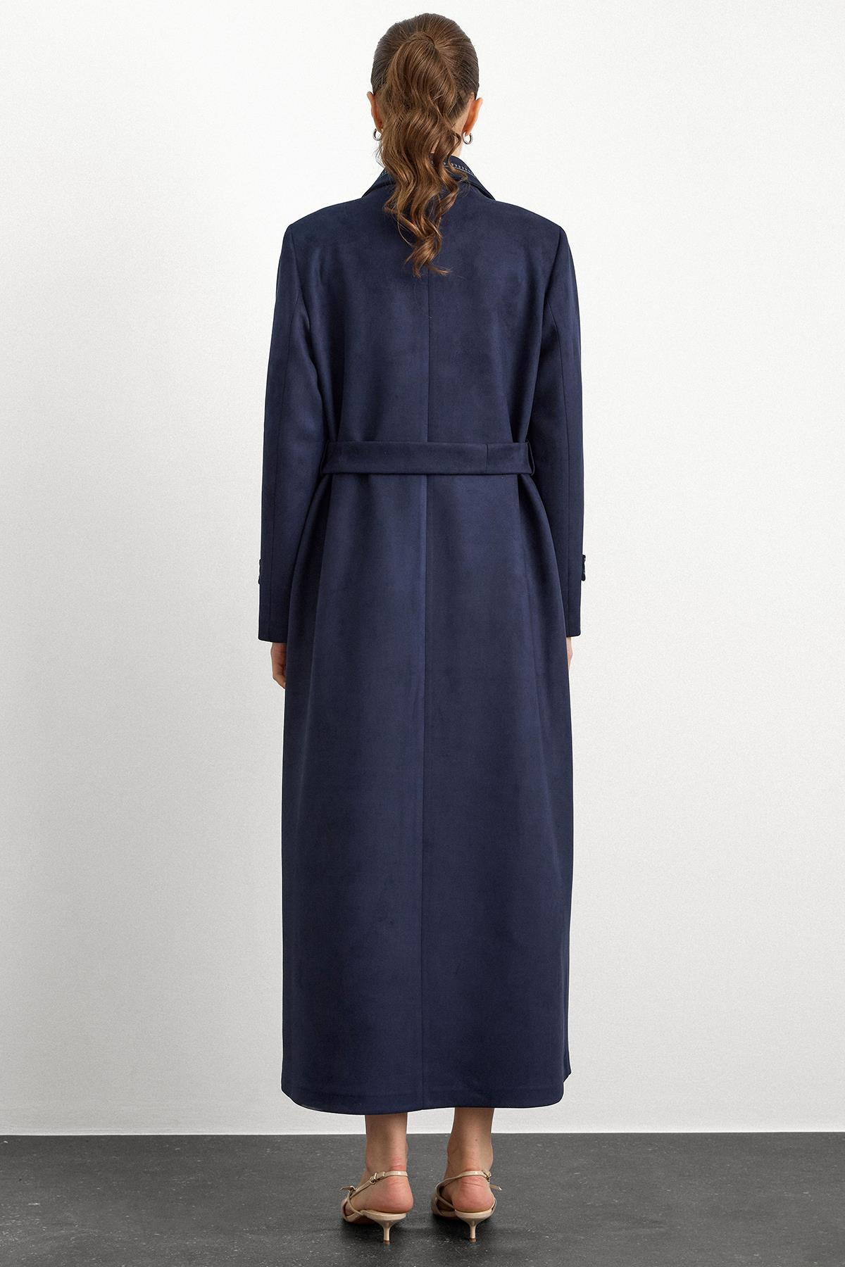 Gömlek Yaka İşleme Detaylı Süet Görünümlü Büyük Beden Pardesü LACİVERT 6785