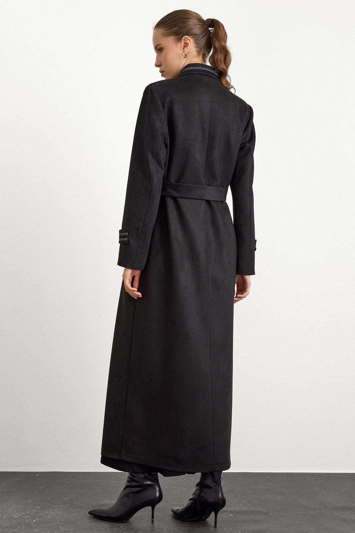 Gömlek Yaka İşleme Detaylı Süet Görünümlü Büyük Beden Pardesü SİYAH 6785