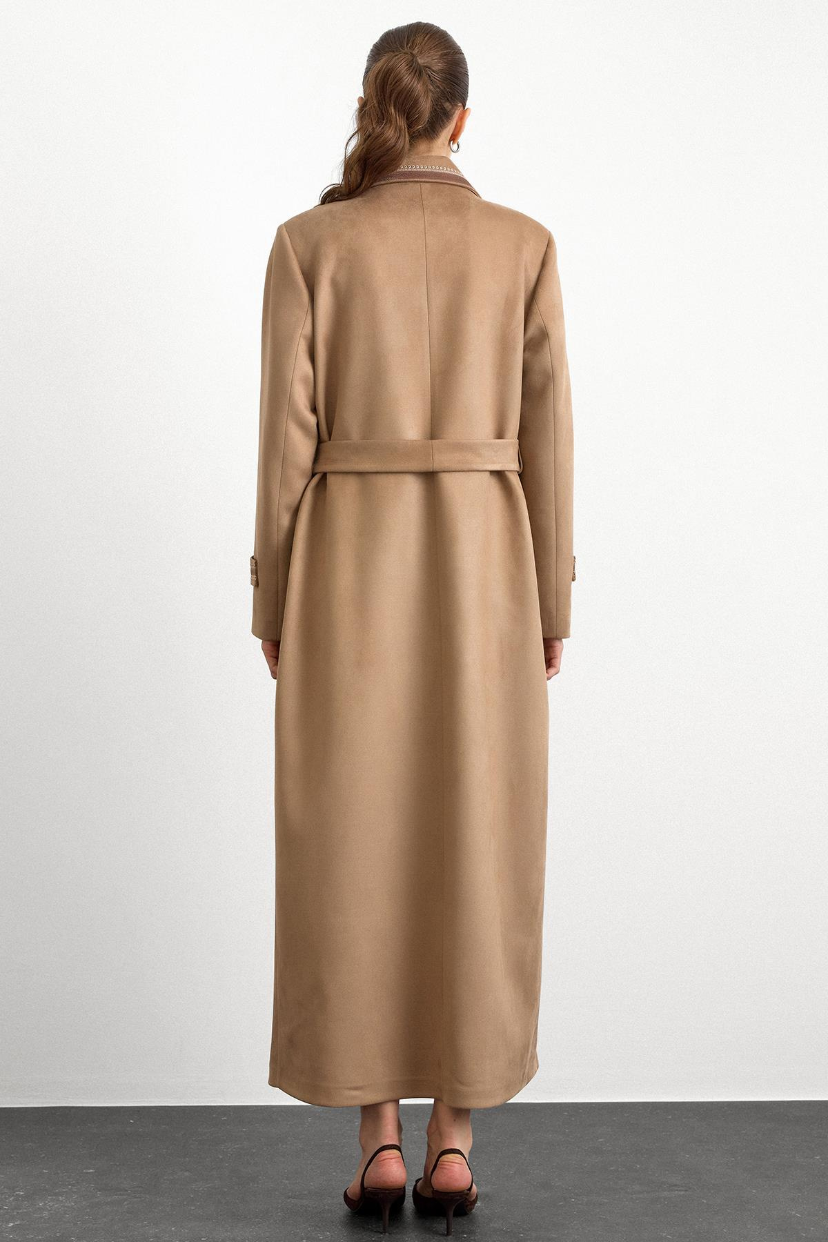 Gömlek Yaka İşleme Detaylı Süet Görünümlü Büyük Beden Pardesü A.KAMEL 6785