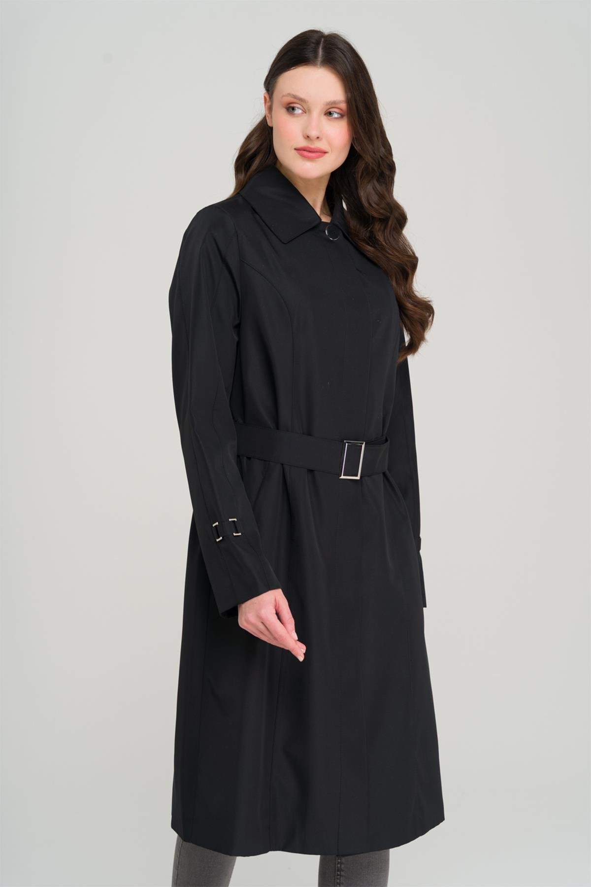 Gömlek Yaka Kemer Detaylı Büyük Beden Trençkot SİYAH 4302