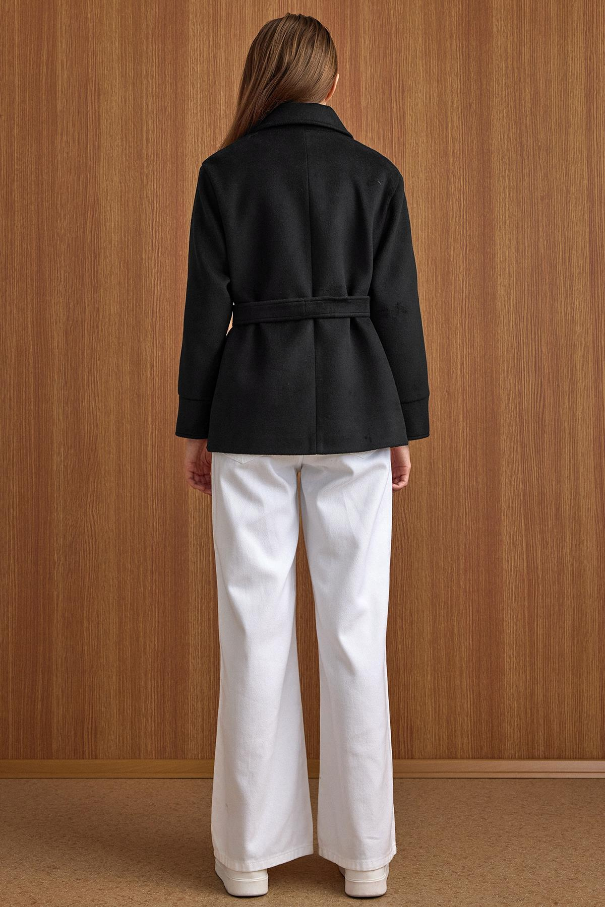 Gömlek Yaka Kuşak Detaylı Oversize Kısa Kaban SİYAH 3155