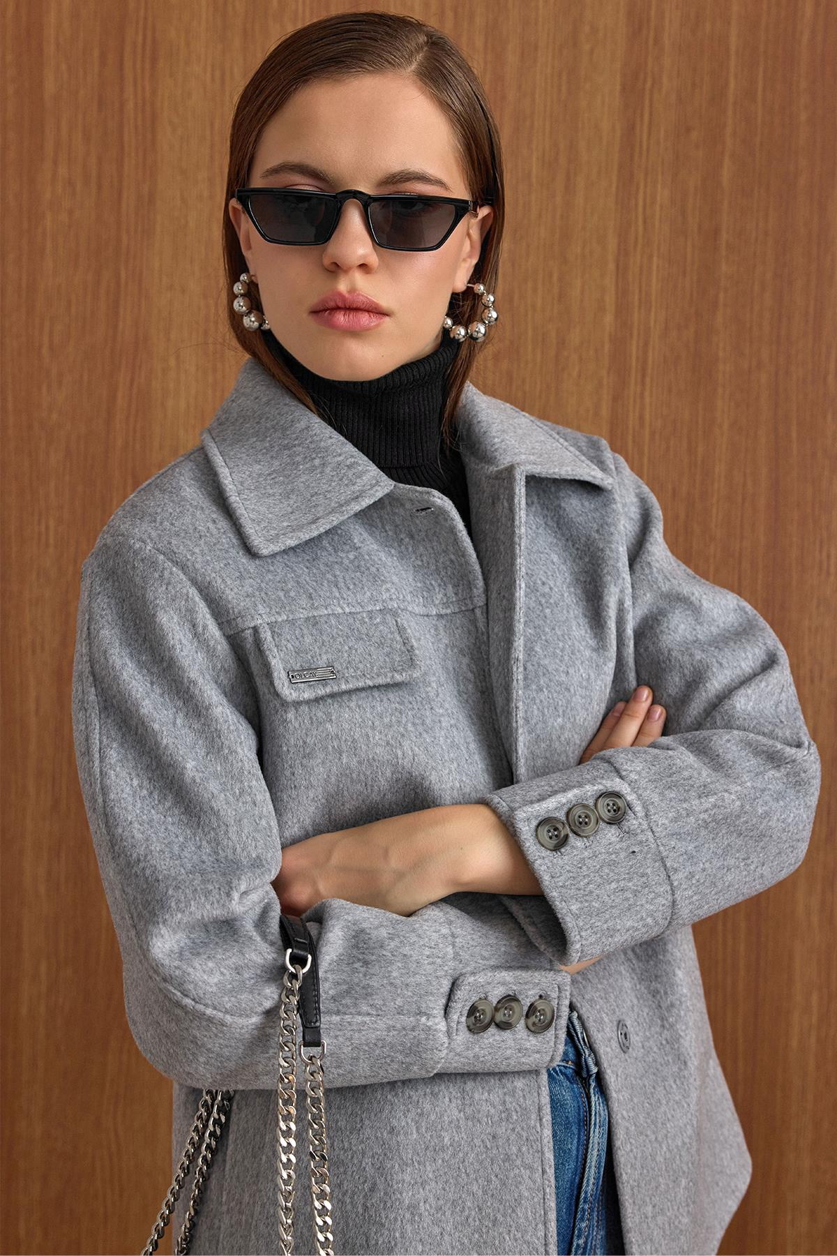 Gömlek Yaka Kuşak Detaylı Oversize Kısa Kaban AÇIK GRİ 3155