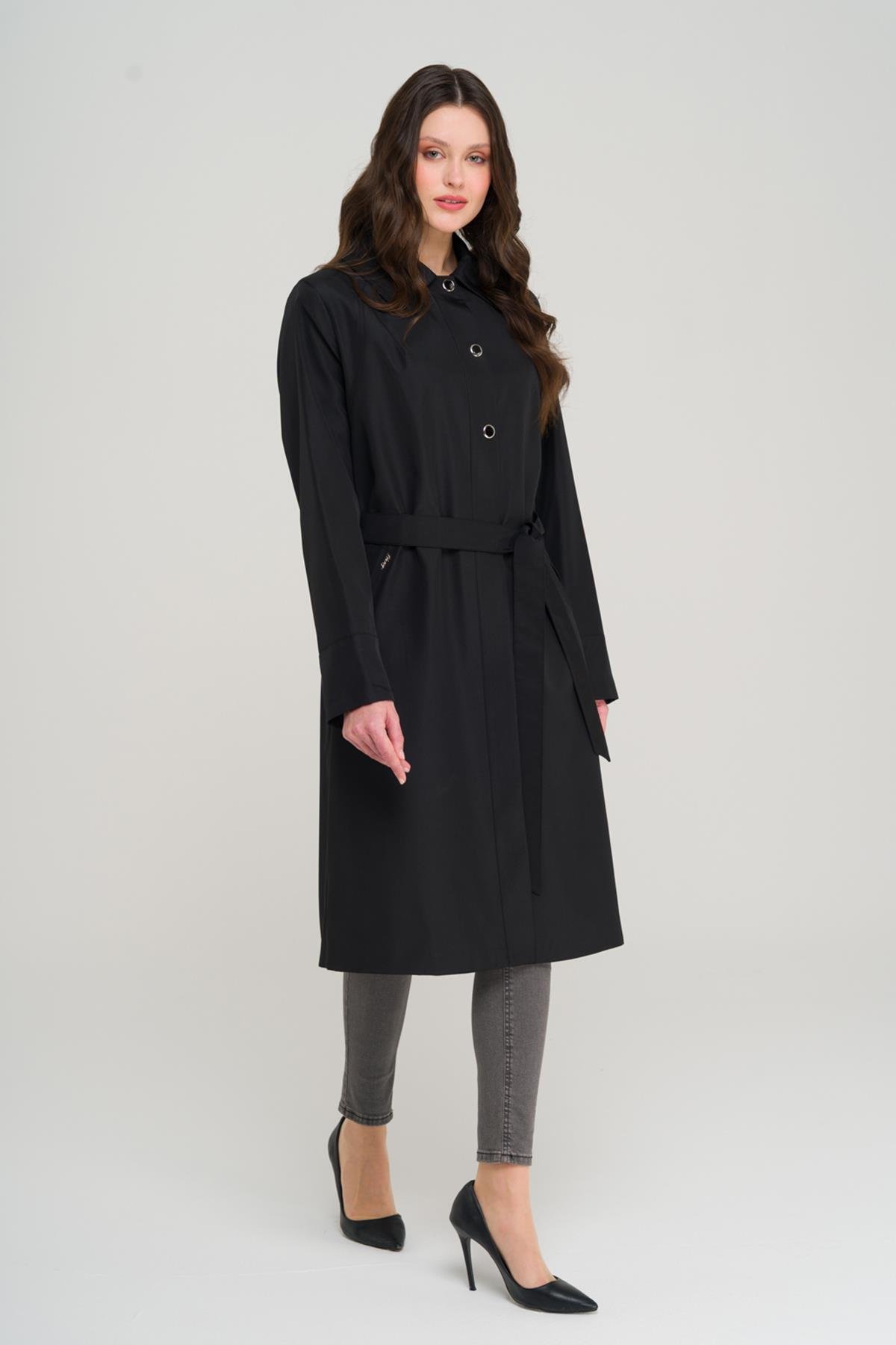 Gömlek Yaka Metal Aksesurarlı Büyük Beden Trençkot SİYAH 4304